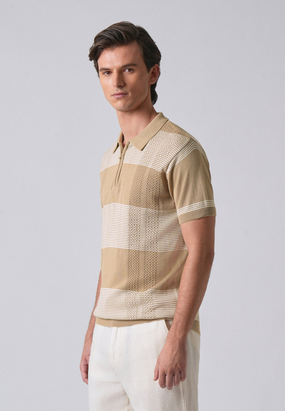 Beige Knitted Polo Zipper T-shirt