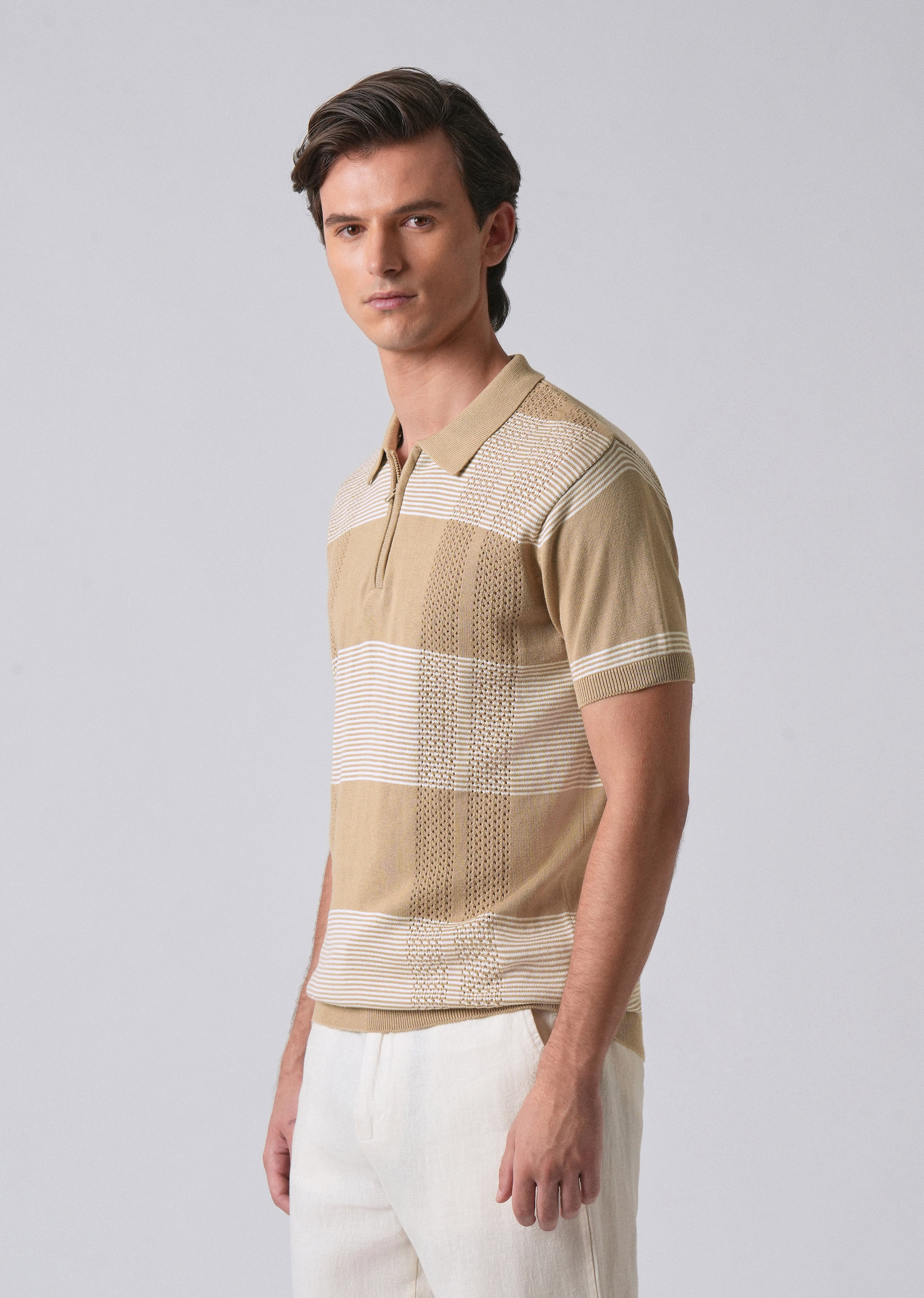 Beige Knitted Polo Zipper T-shirt