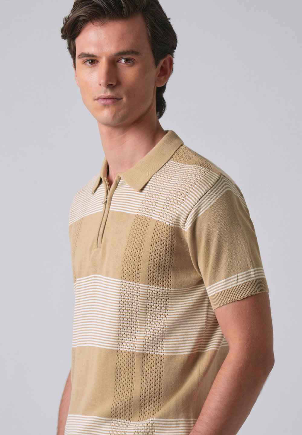 Beige Knitted Polo Zipper T-shirt