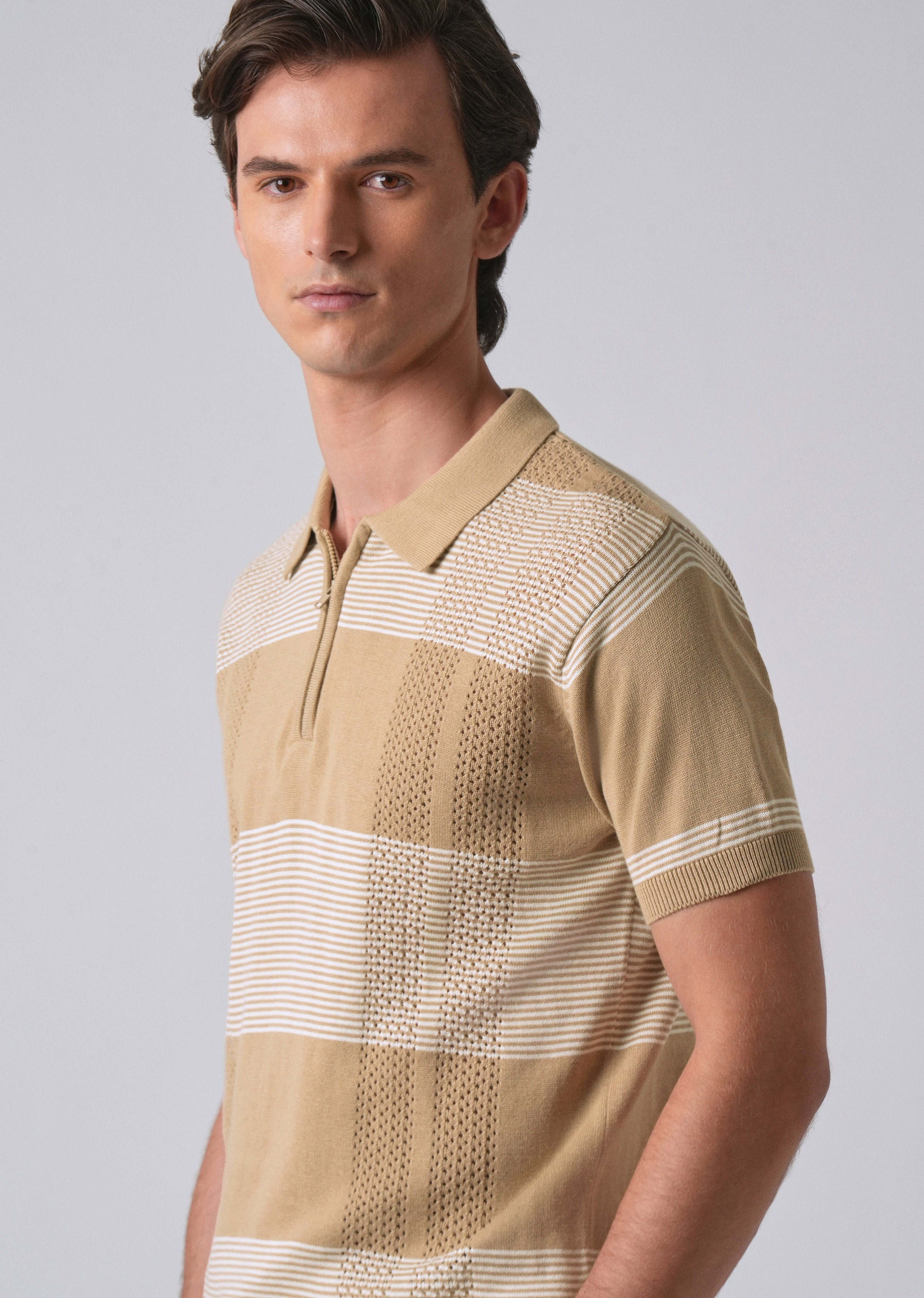 Beige Knitted Polo Zipper T-shirt