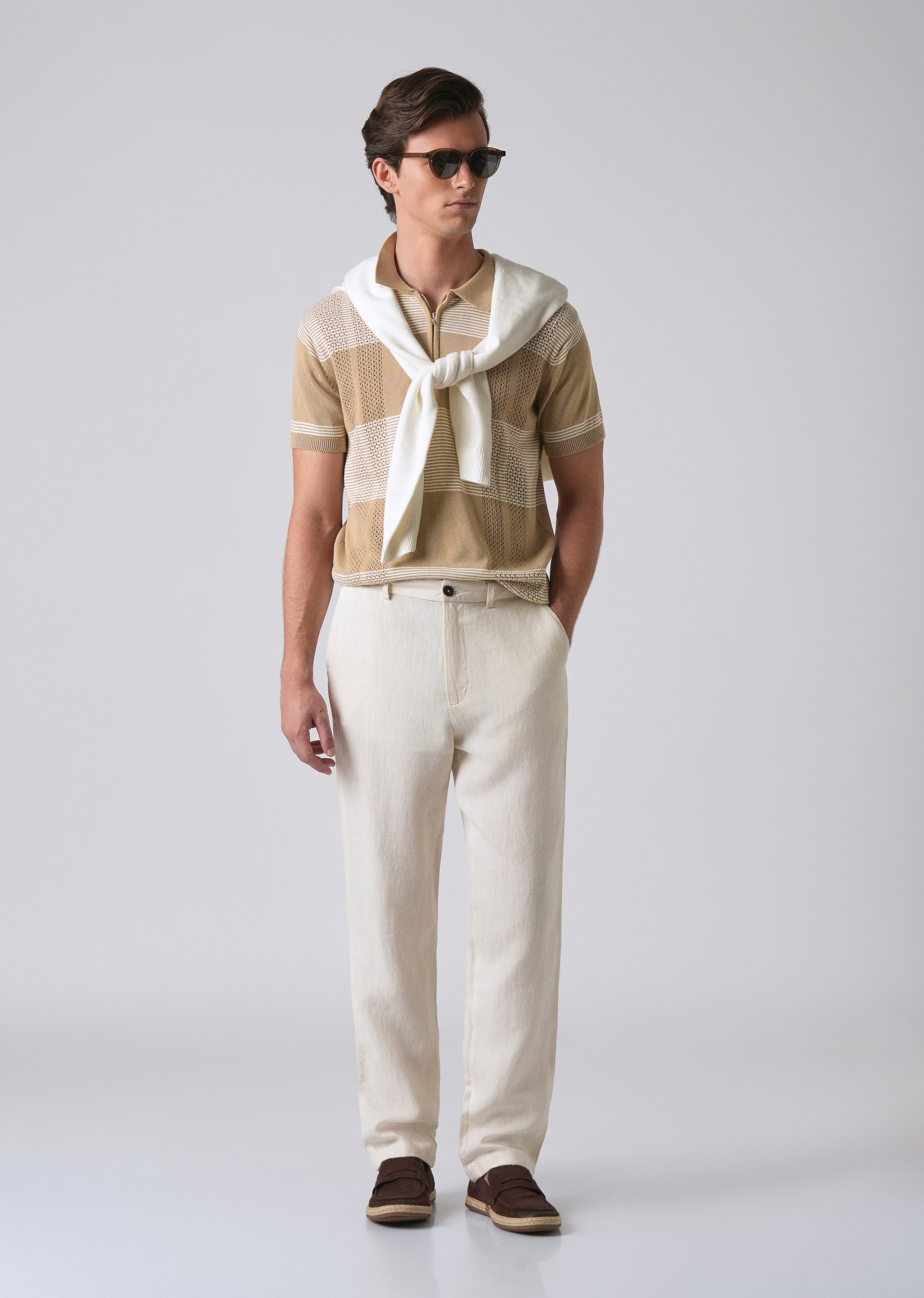 Beige Knitted Polo Zipper T-shirt