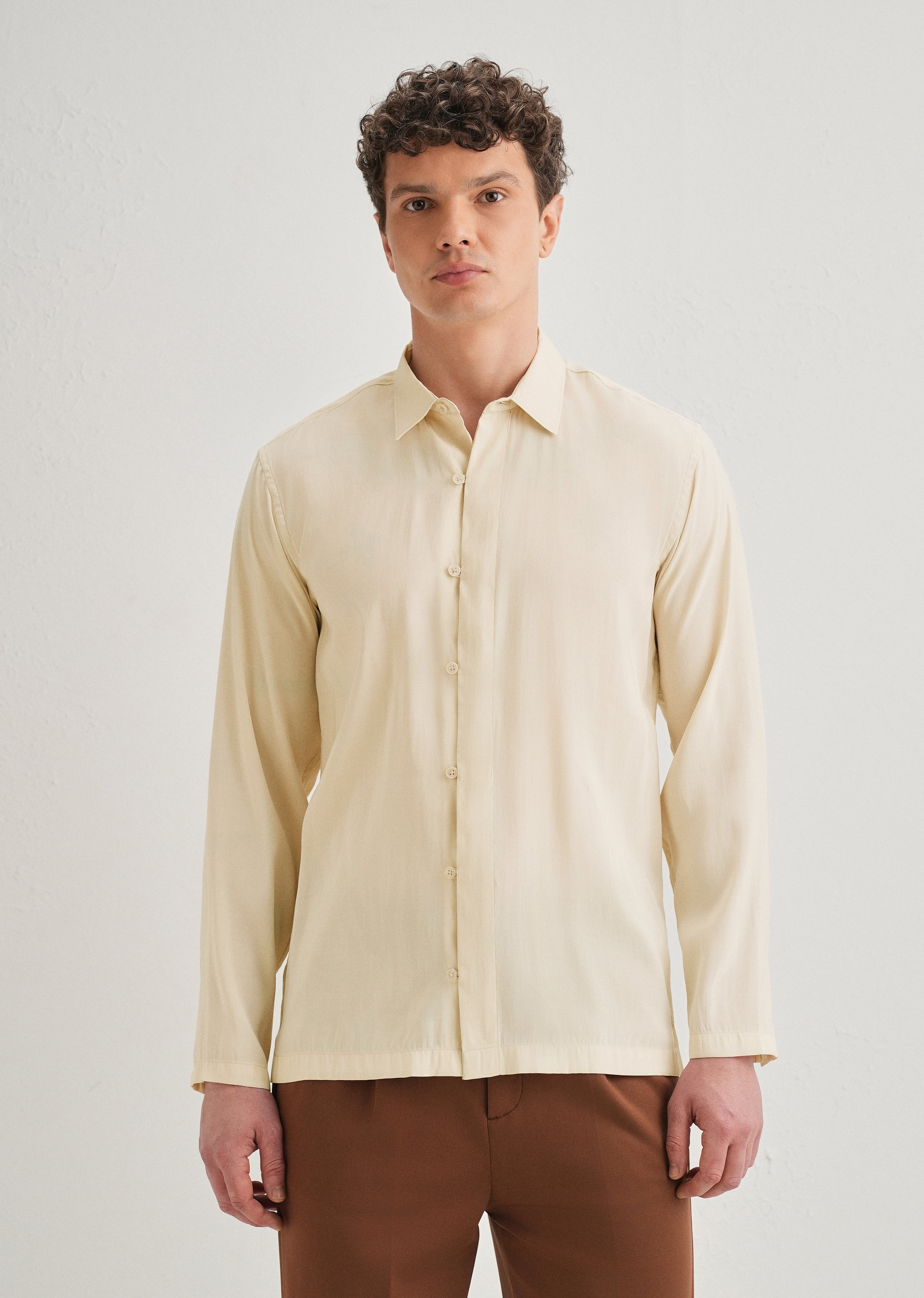 Beige Loop Button-Down Plain Shirt