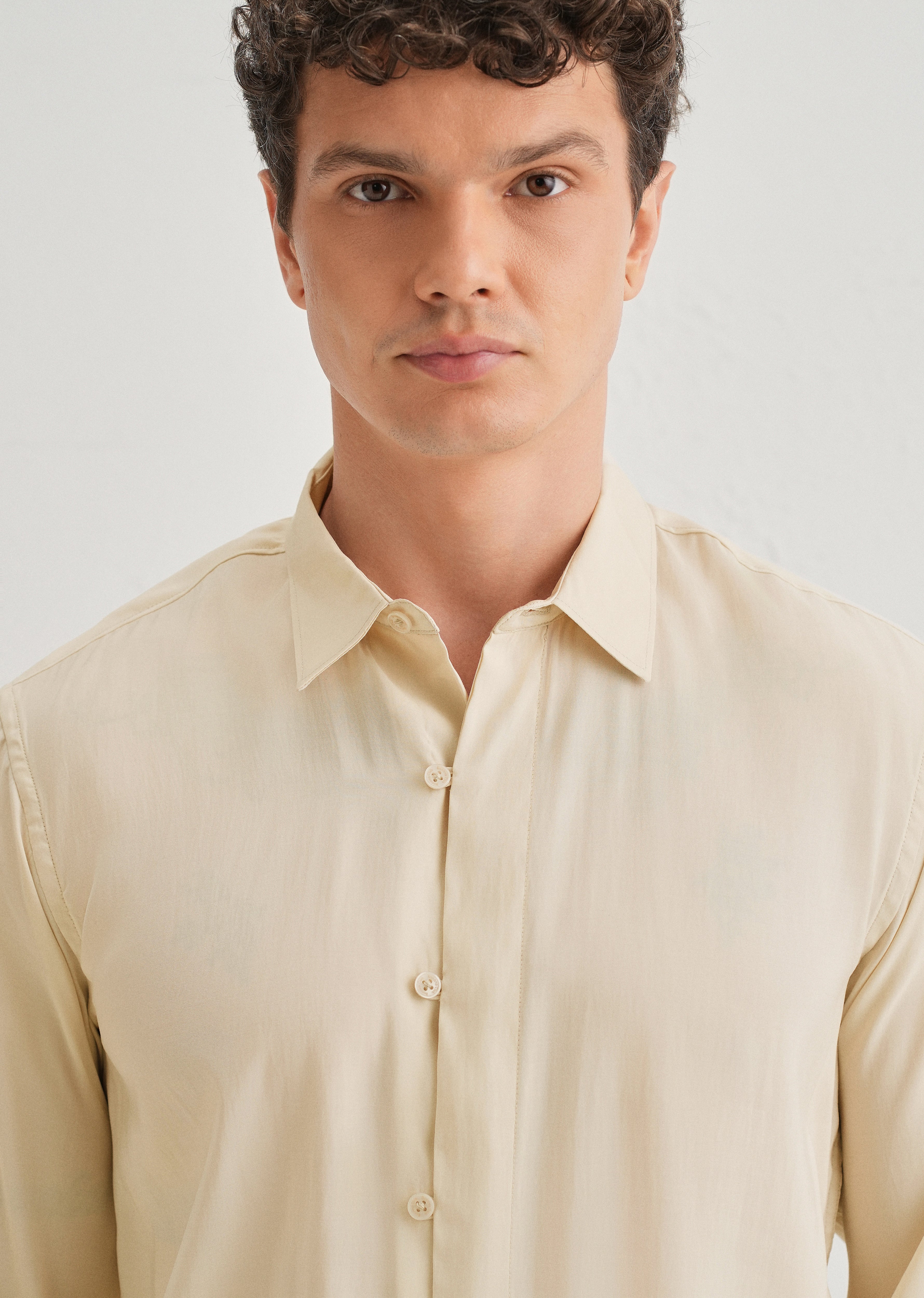 Beige Loop Button-Down Plain Shirt