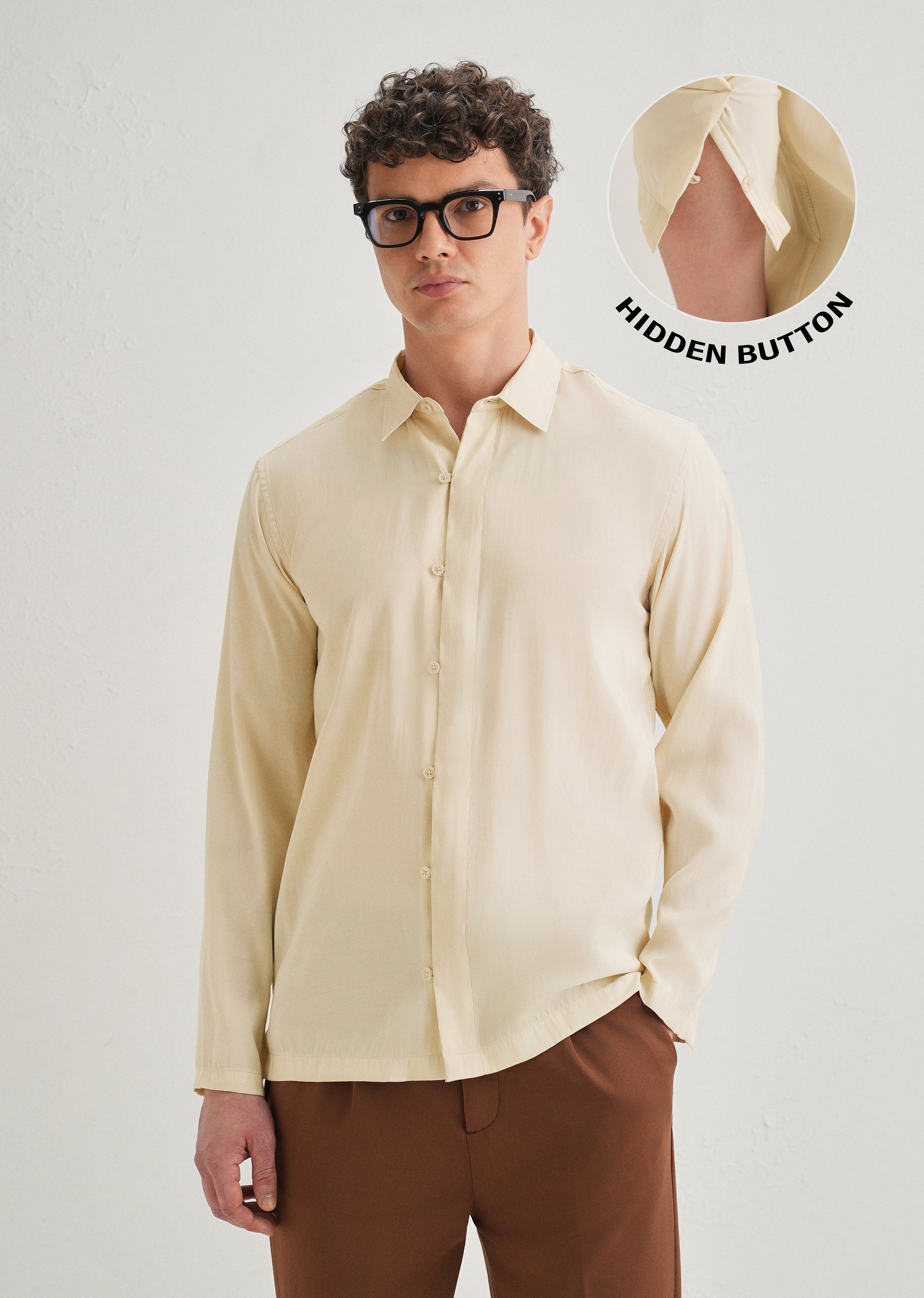 Beige Loop Button-Down Plain Shirt