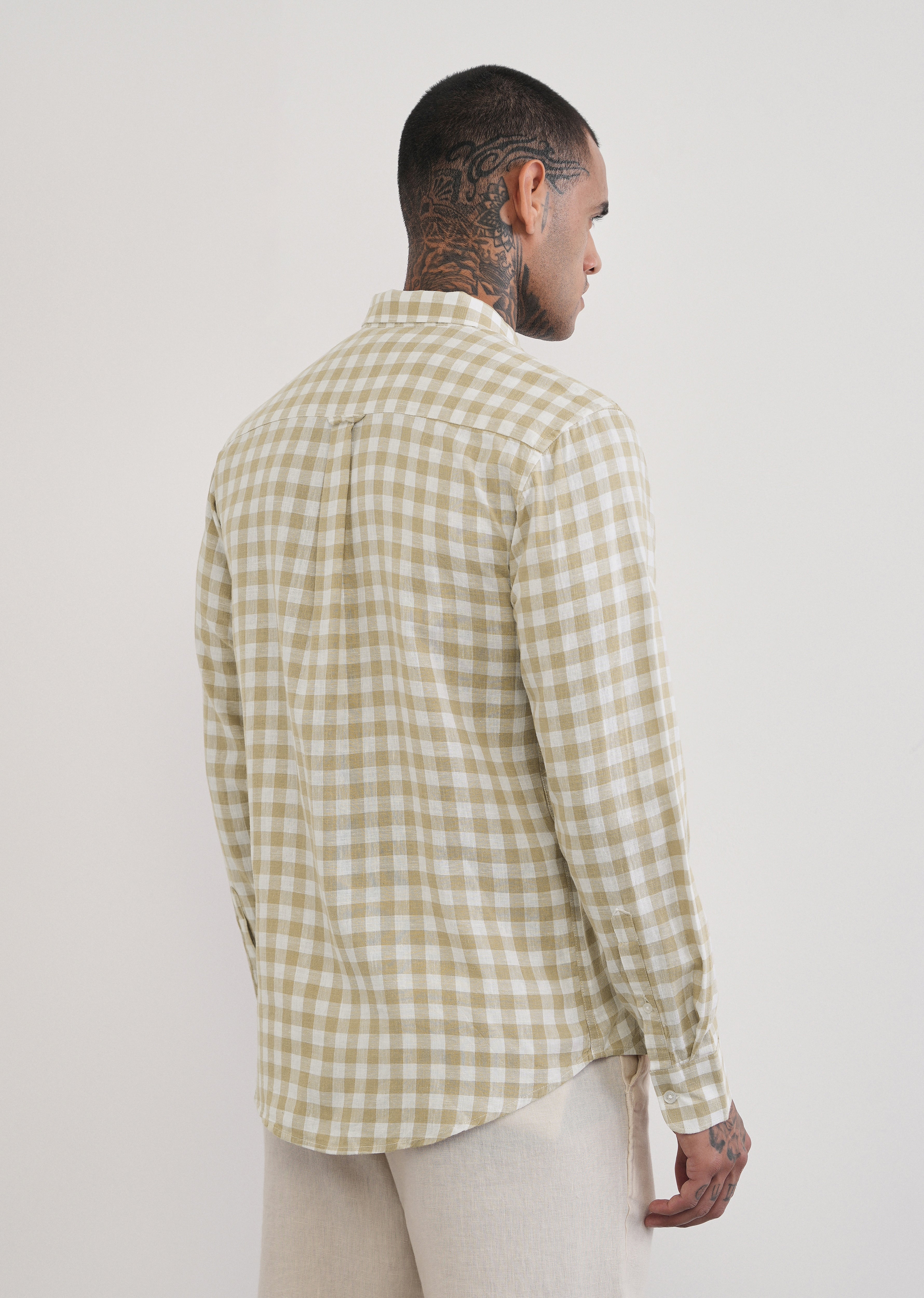Beige Lyocell Linen Blend Check Shirt