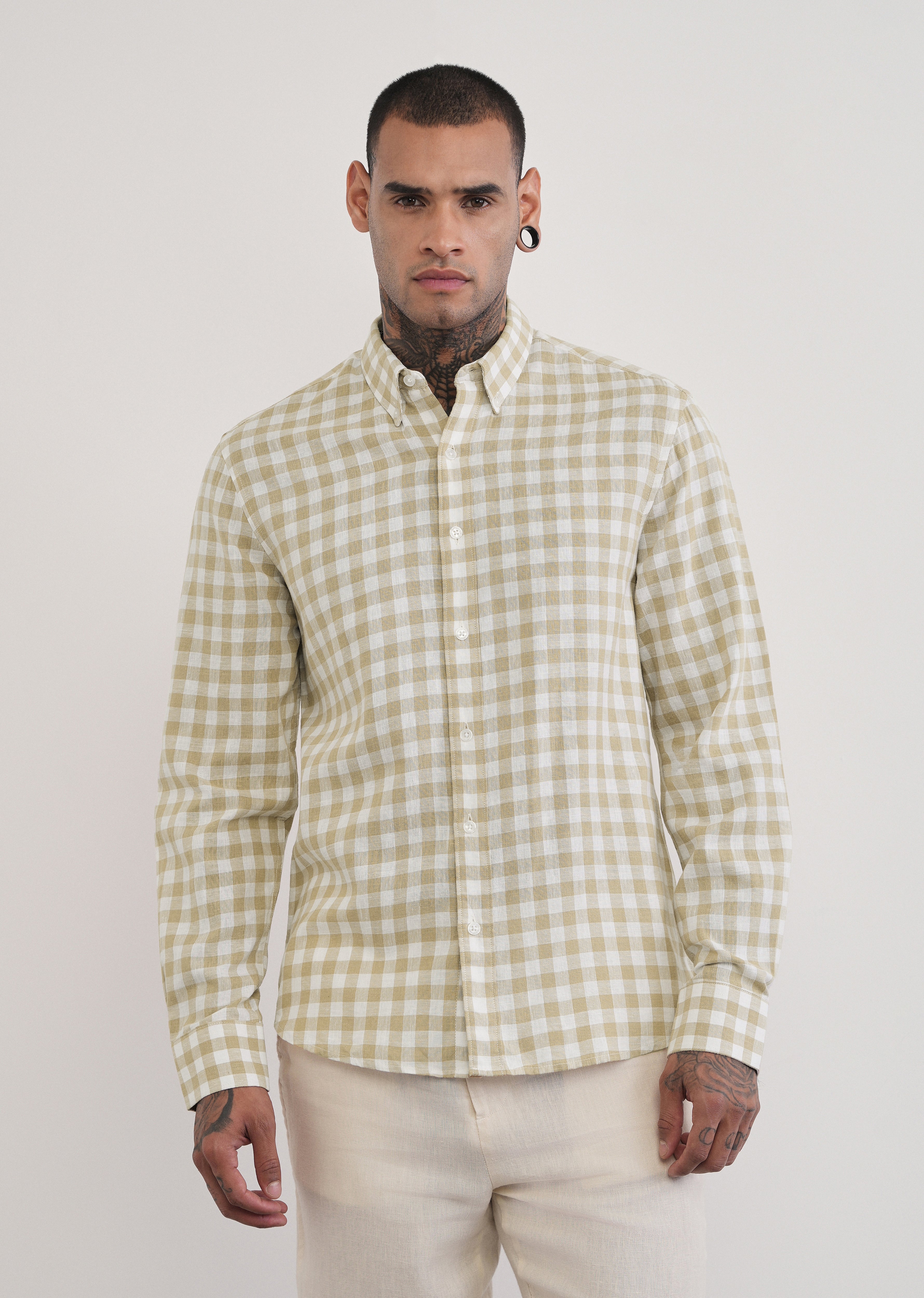Beige Lyocell Linen Blend Check Shirt