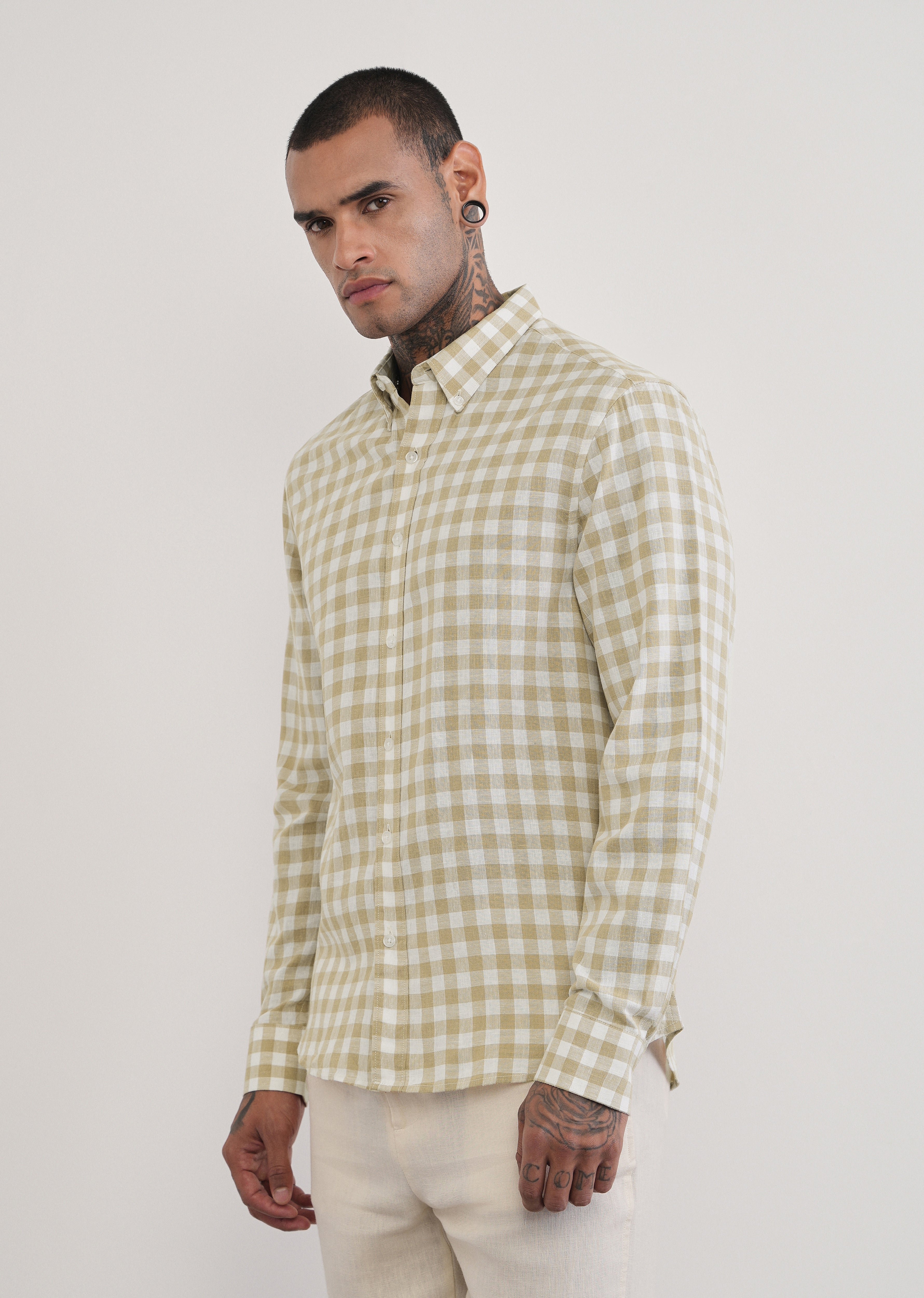 Beige Lyocell Linen Blend Check Shirt