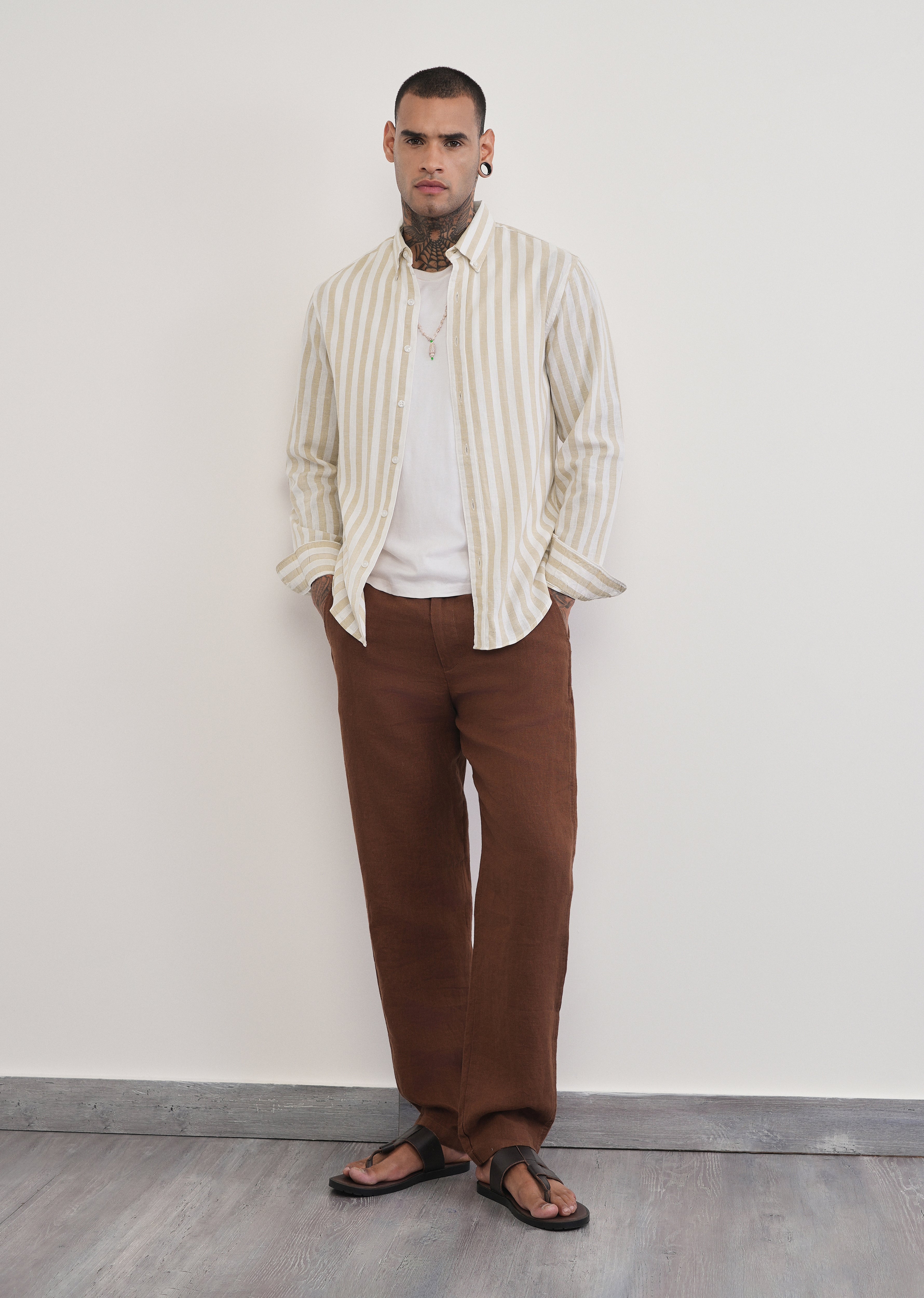 Beige Lyocell Linen Blend Stripe Shirt