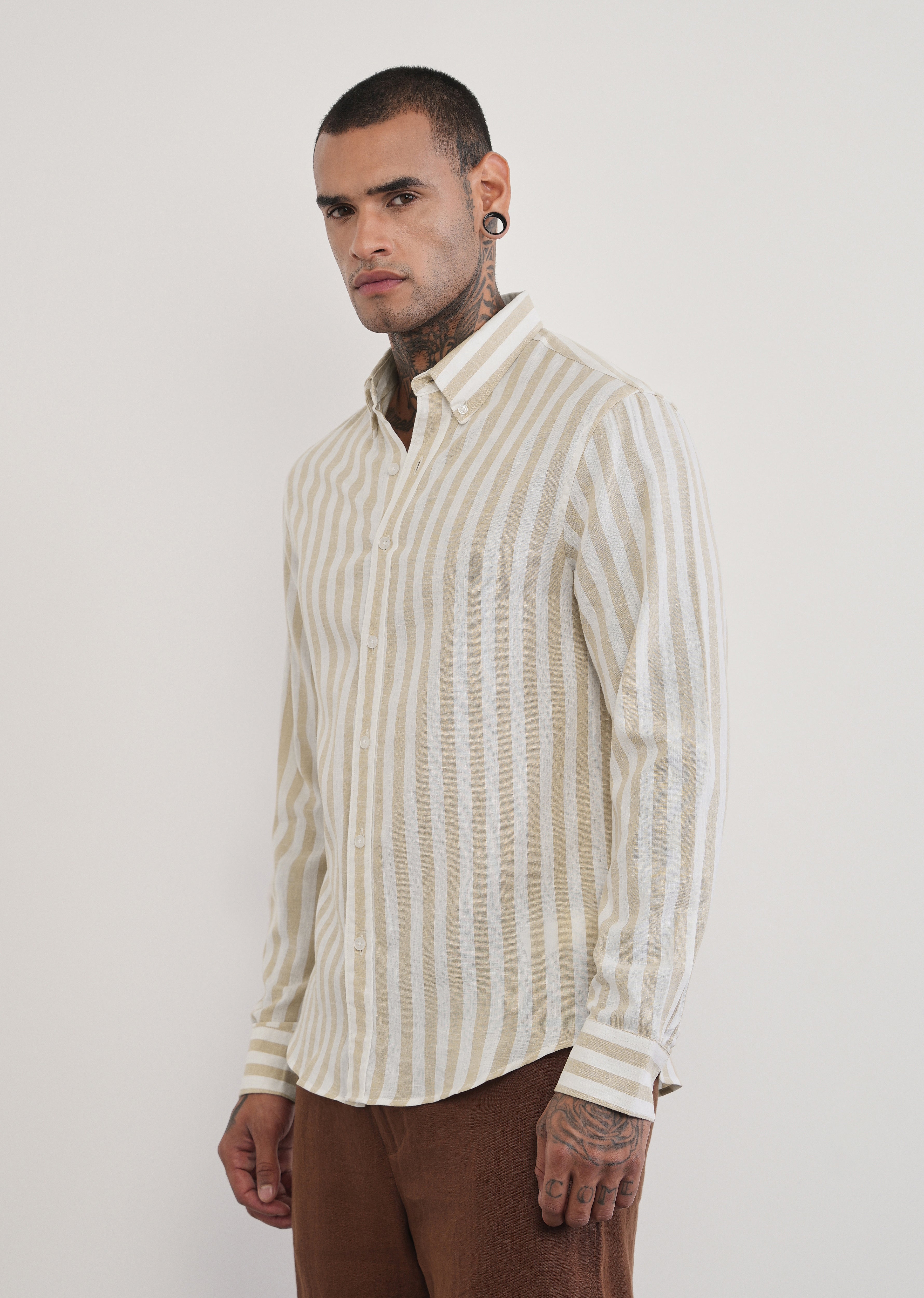 Beige Lyocell Linen Blend Stripe Shirt