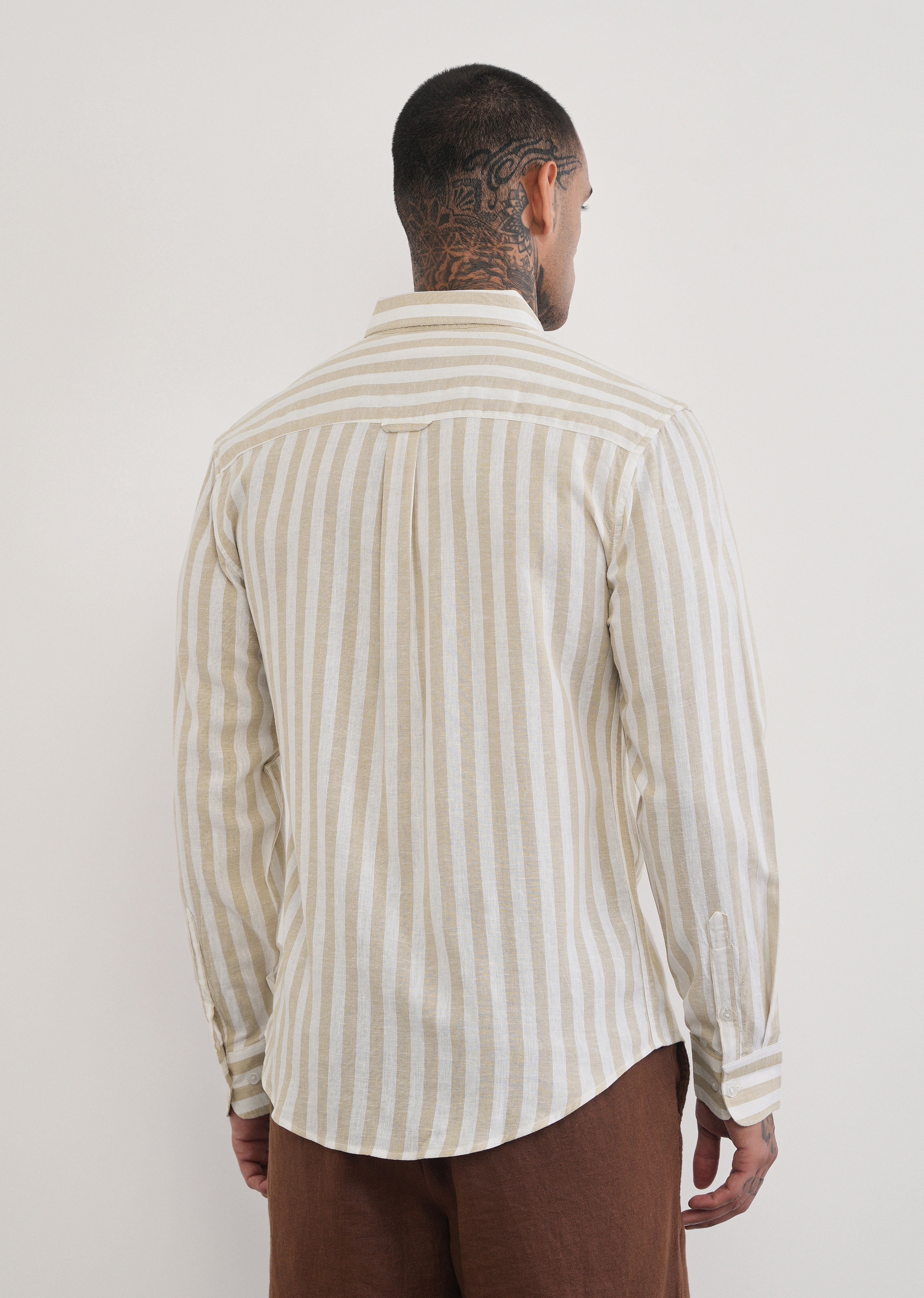 Beige Lyocell Linen Blend Stripe Shirt