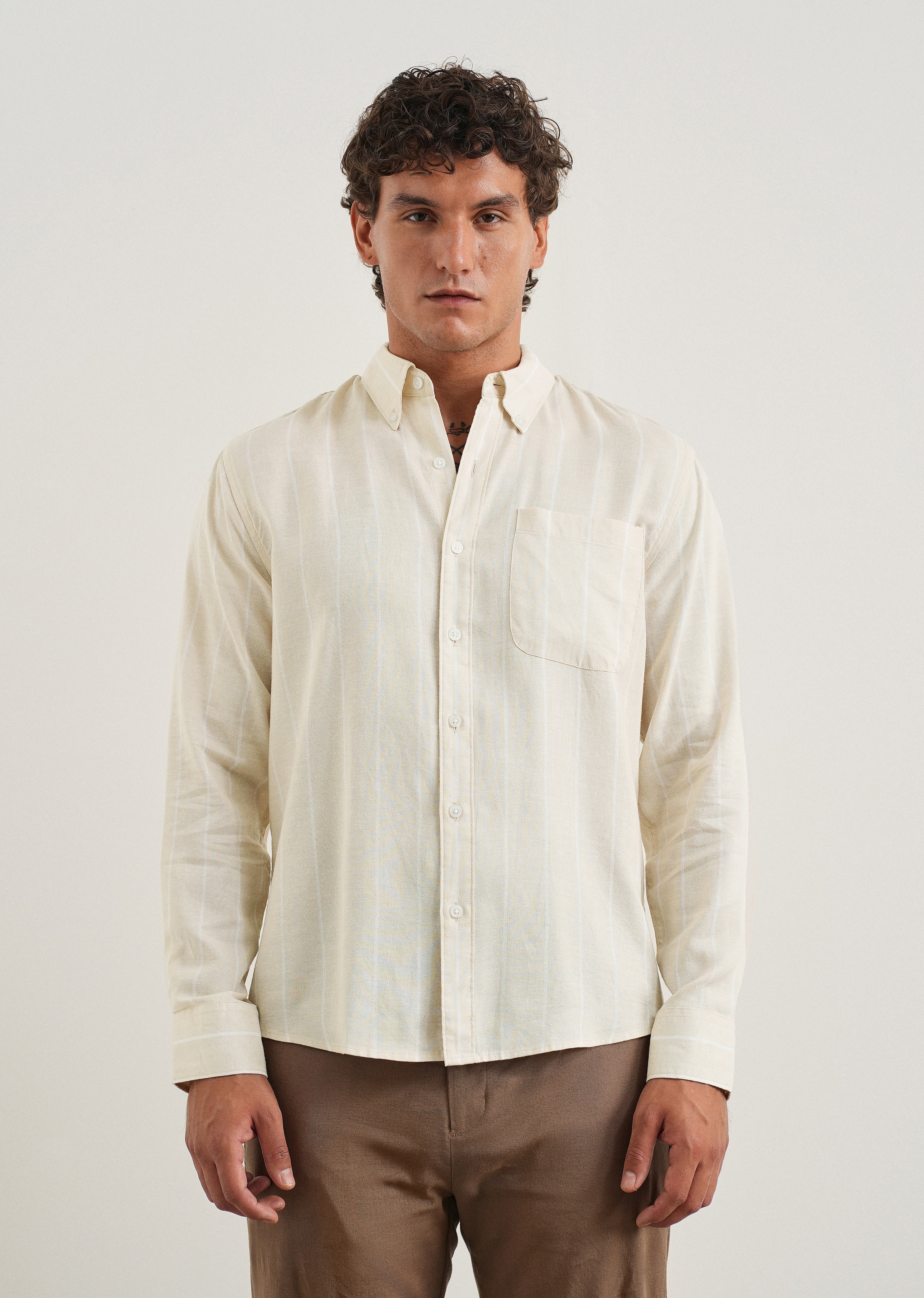 Beige Lyocell Linen Stripe Shirt