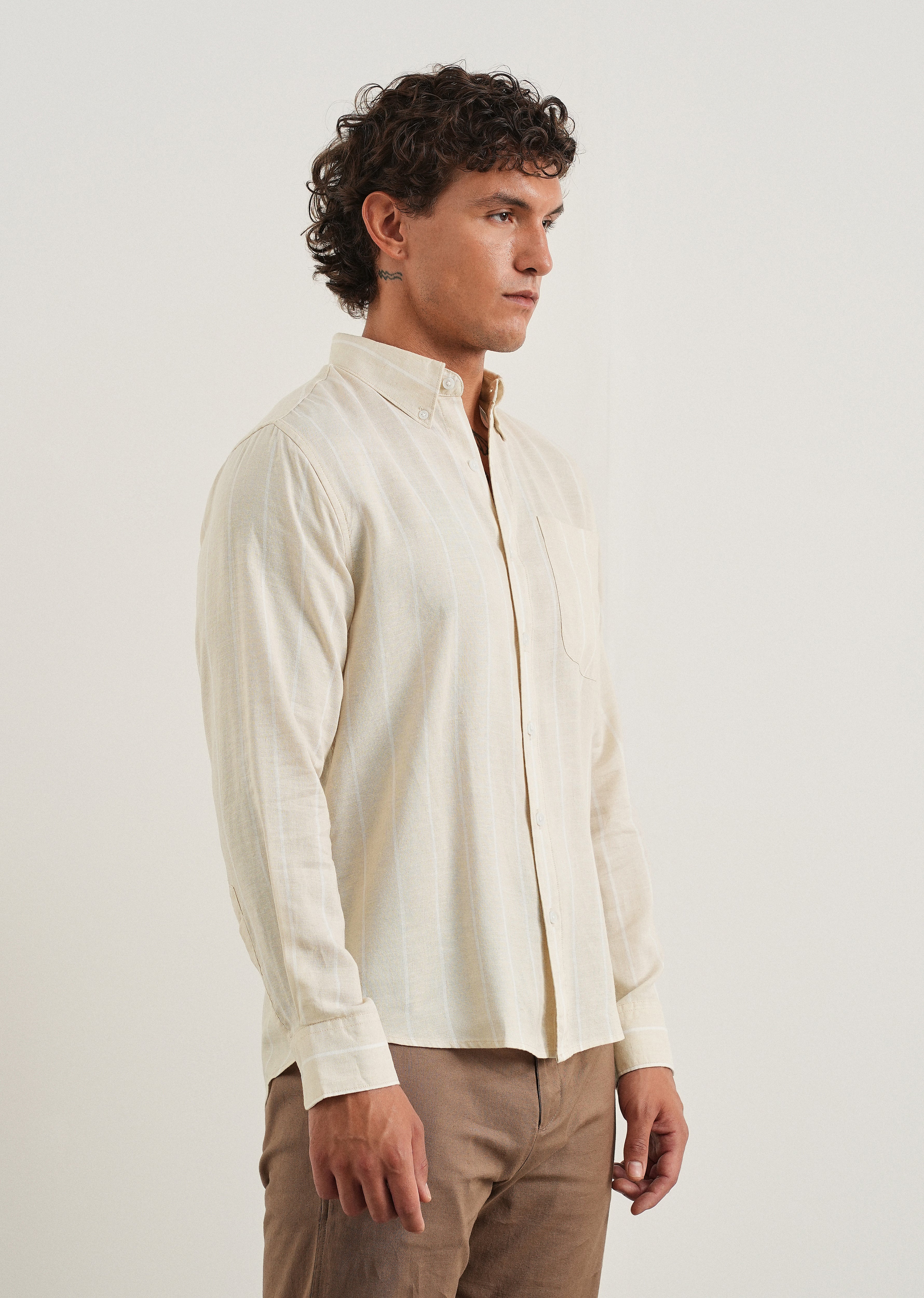 Beige Lyocell Linen Stripe Shirt