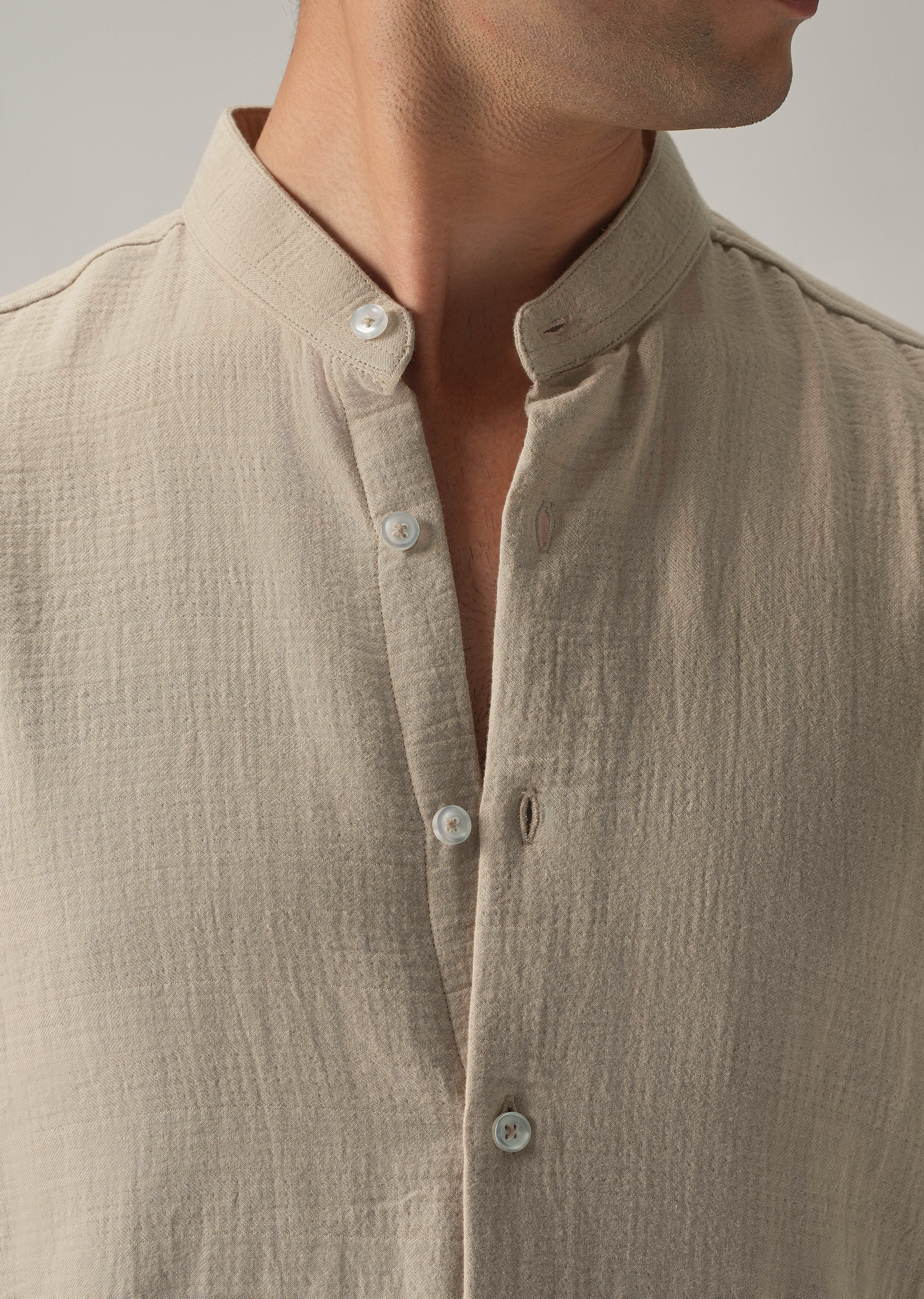 Beige Plain Mandarin Collar Cotton Shirt