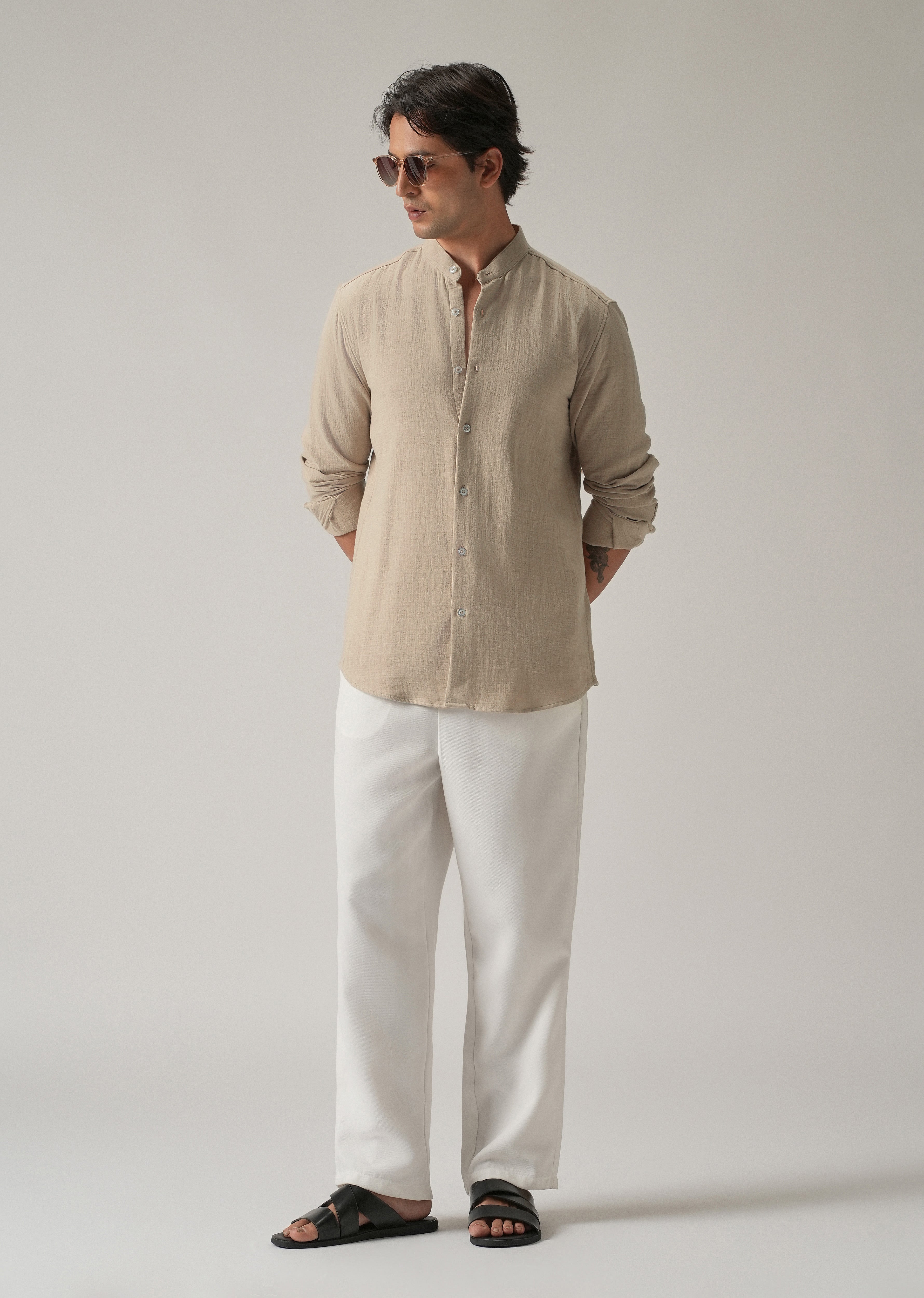 Beige Plain Mandarin Collar Cotton Shirt