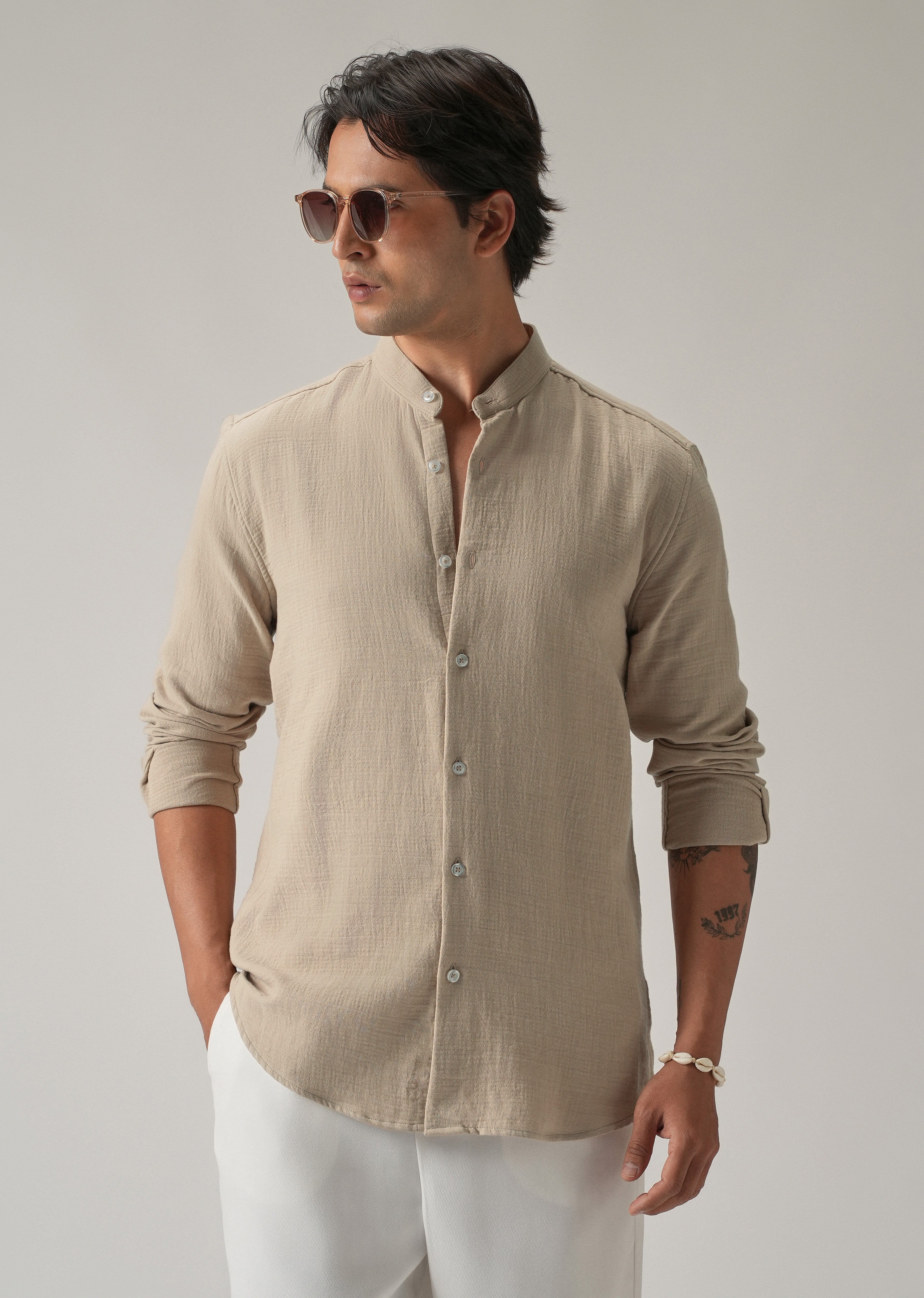 Beige Plain Mandarin Collar Cotton Shirt
