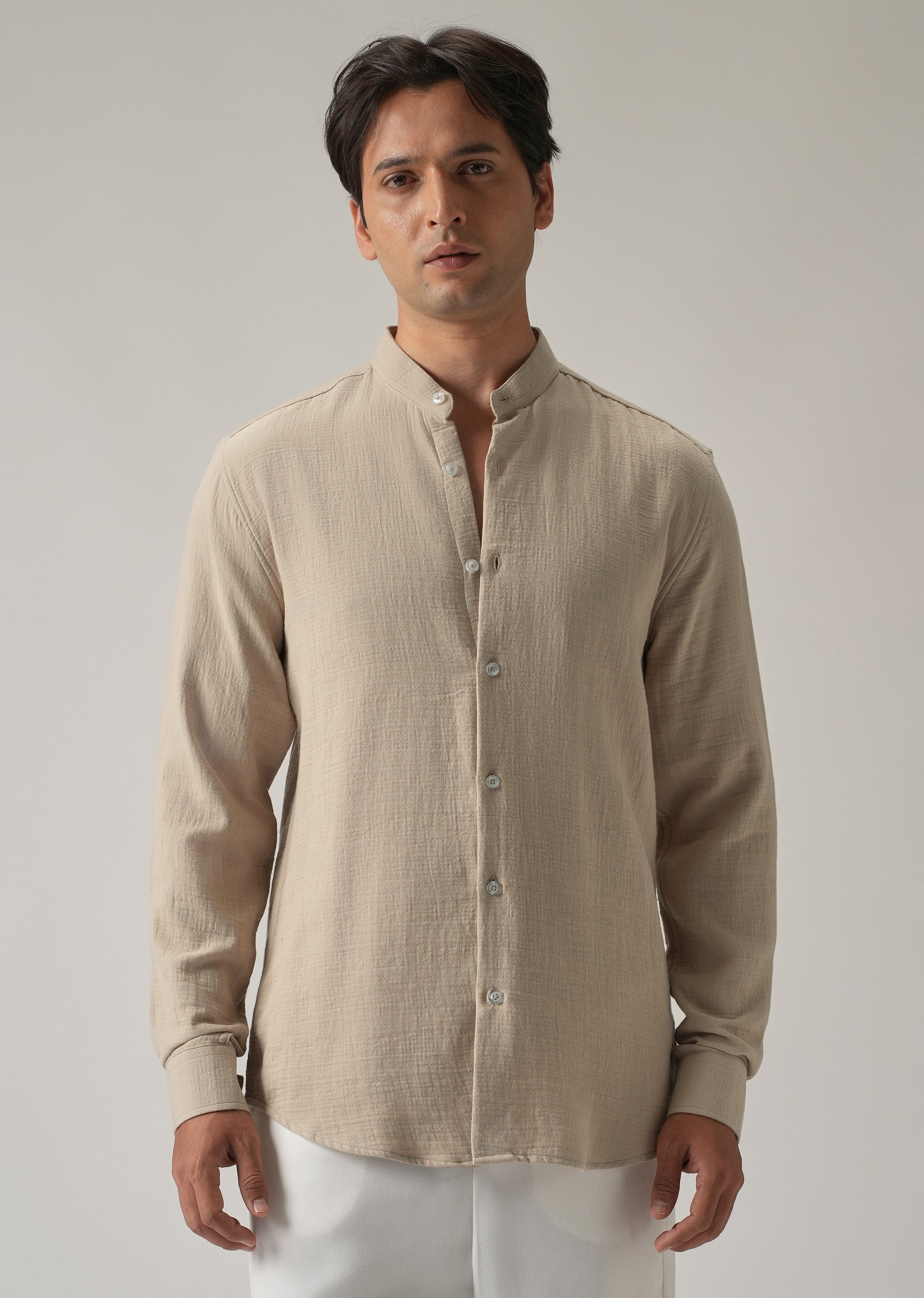 Beige Plain Mandarin Collar Cotton Shirt