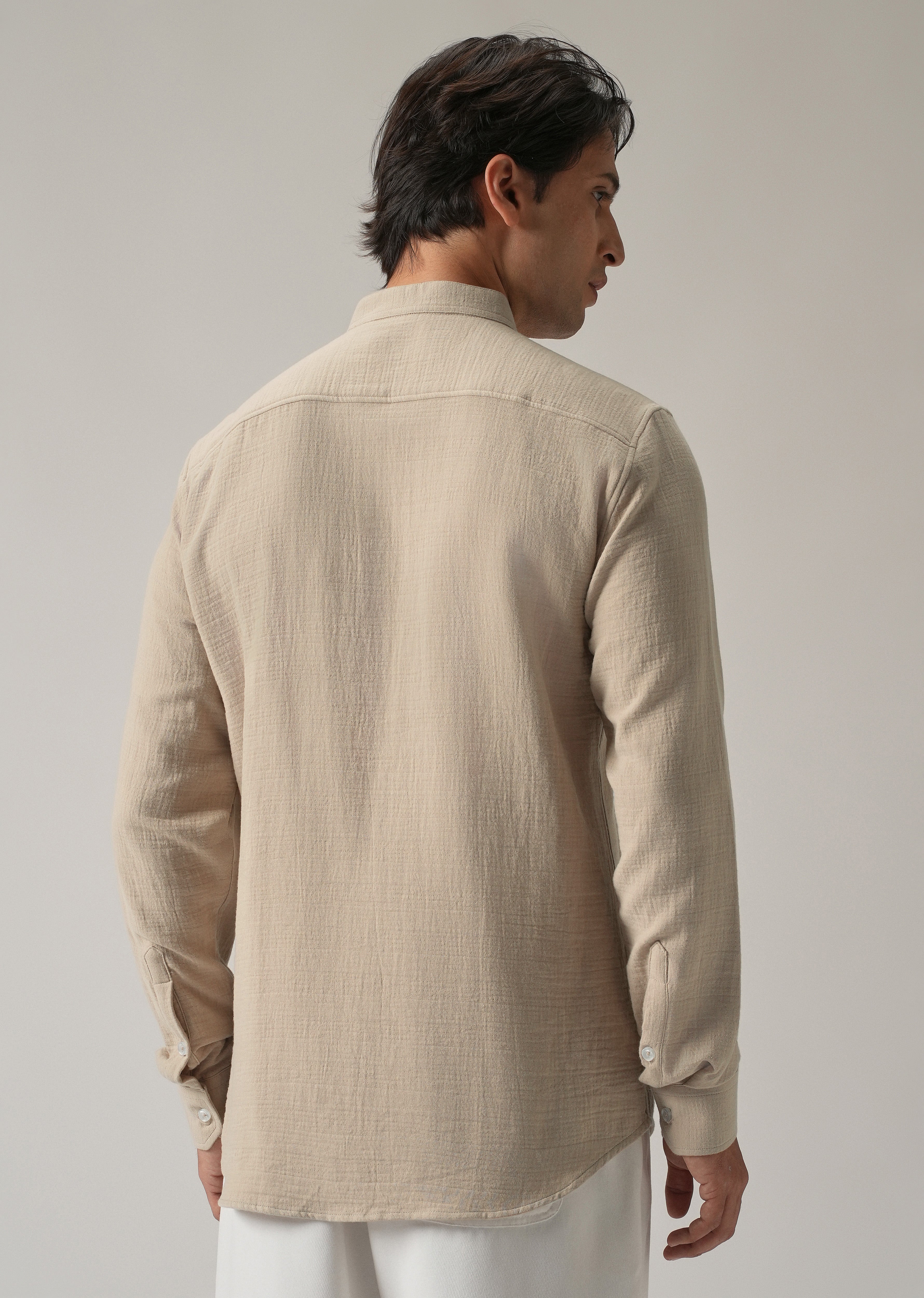 Beige Plain Mandarin Collar Cotton Shirt