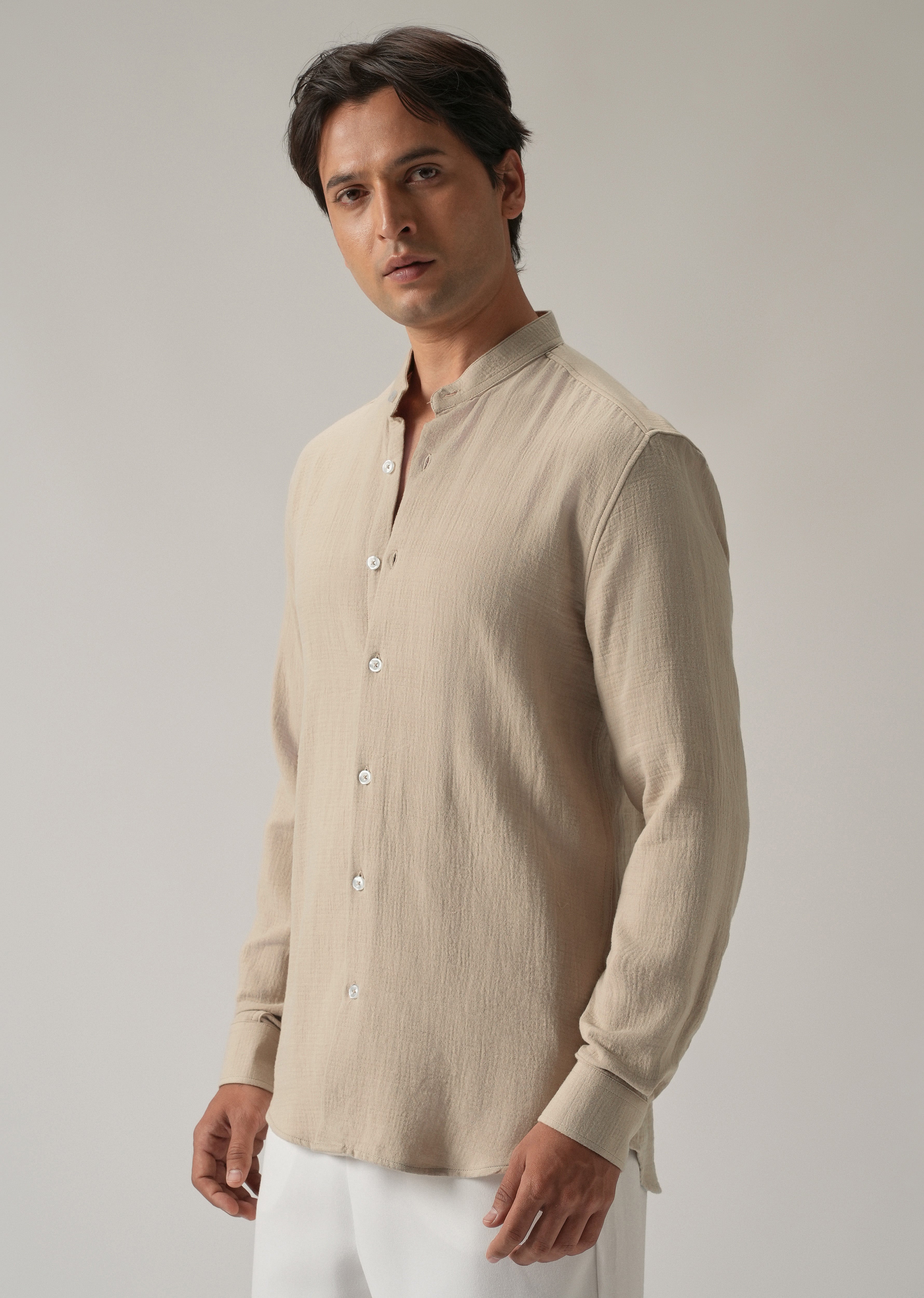 Beige Plain Mandarin Collar Cotton Shirt