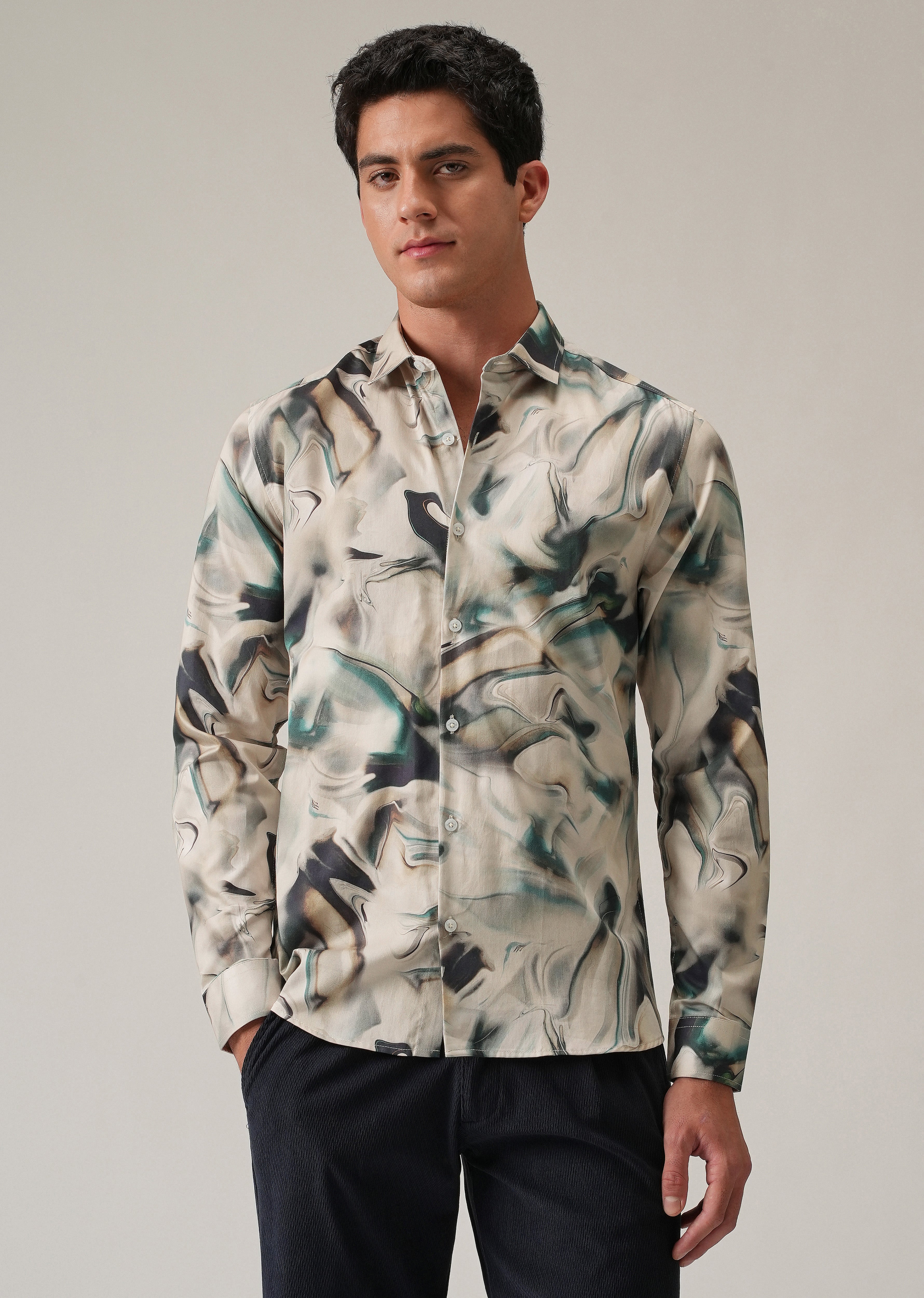 Beige Marbled Print Shirt