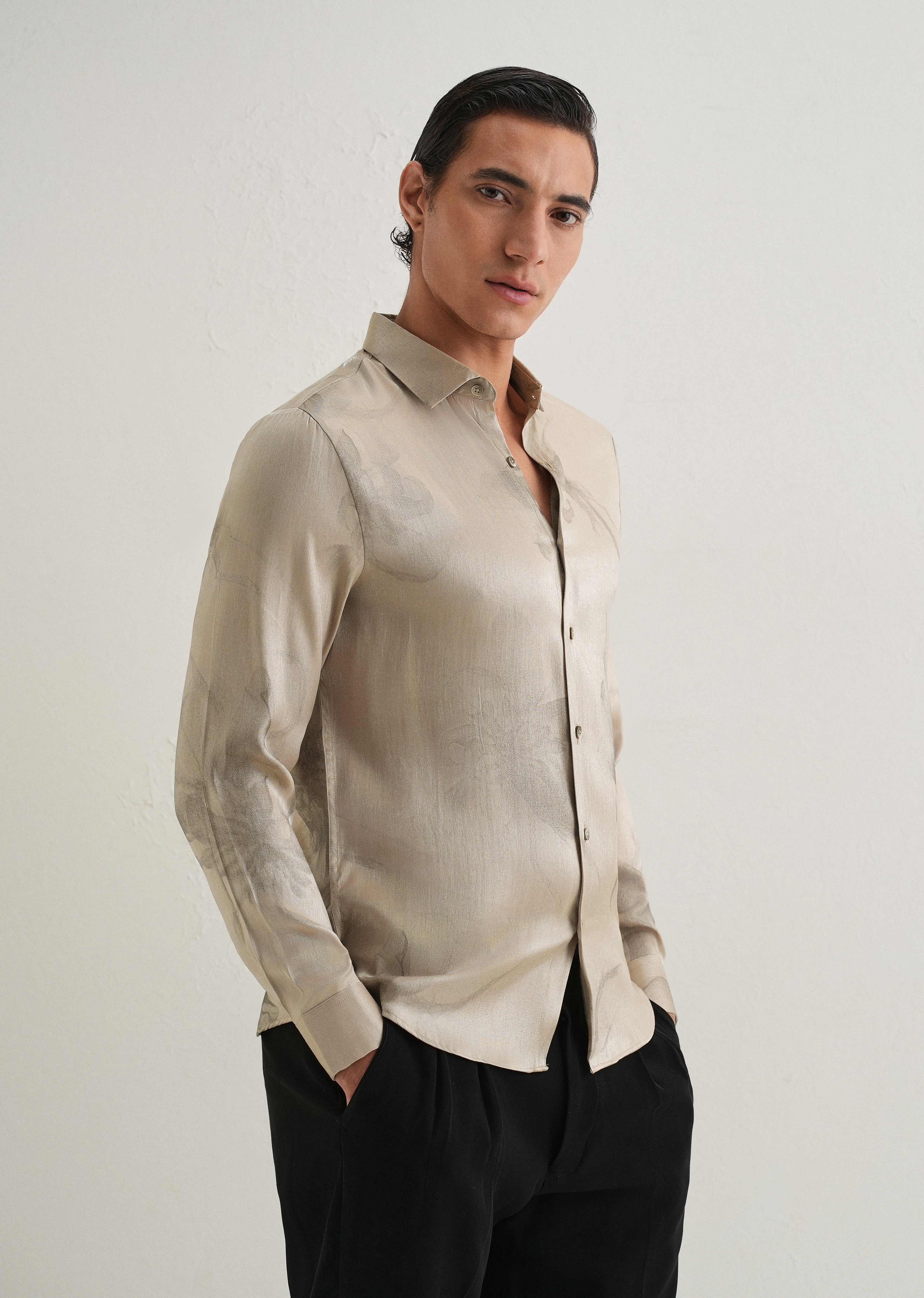 Beige Metallic Sheen-Look Printed Shirt
