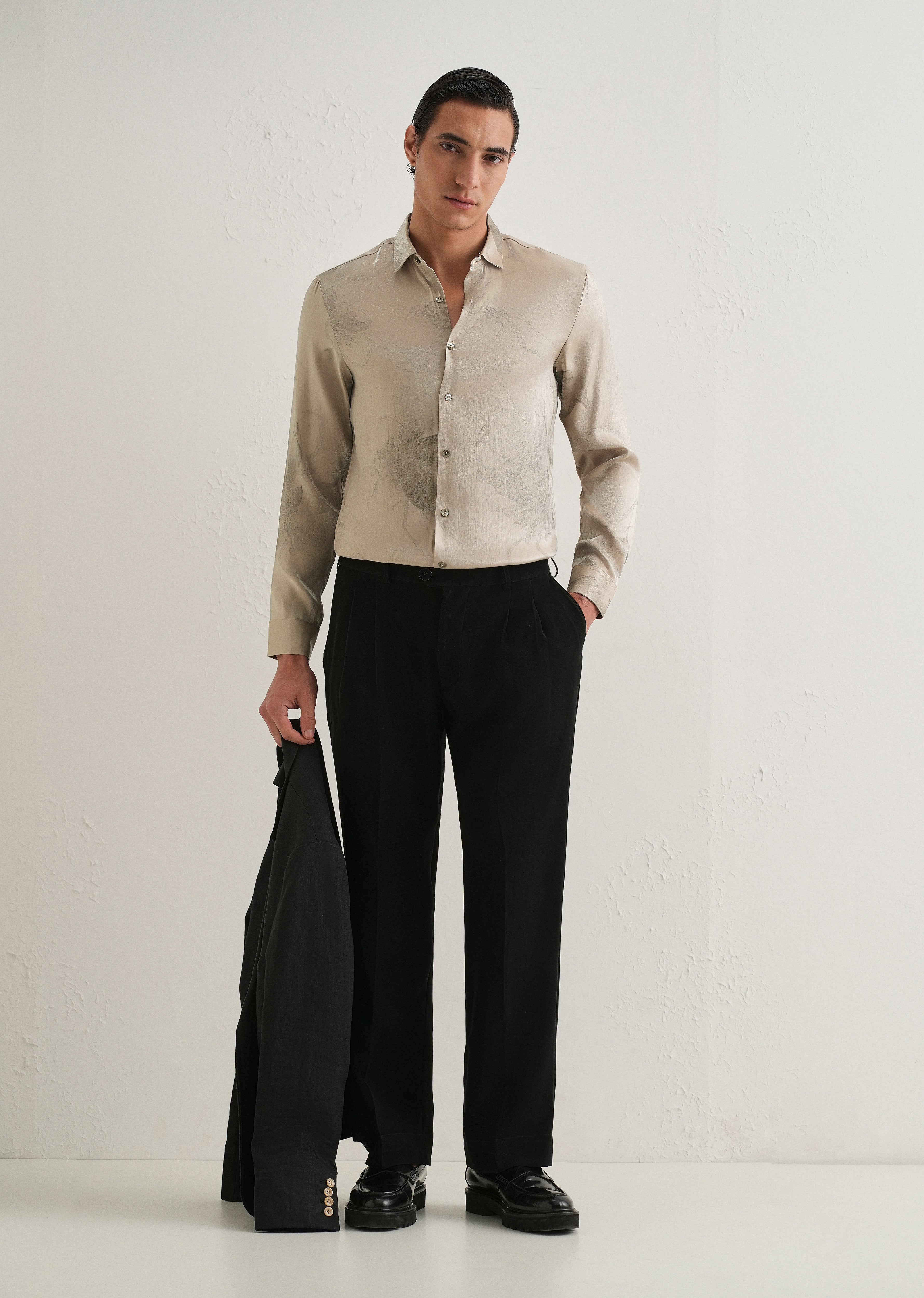 Beige Metallic Sheen-Look Printed Shirt