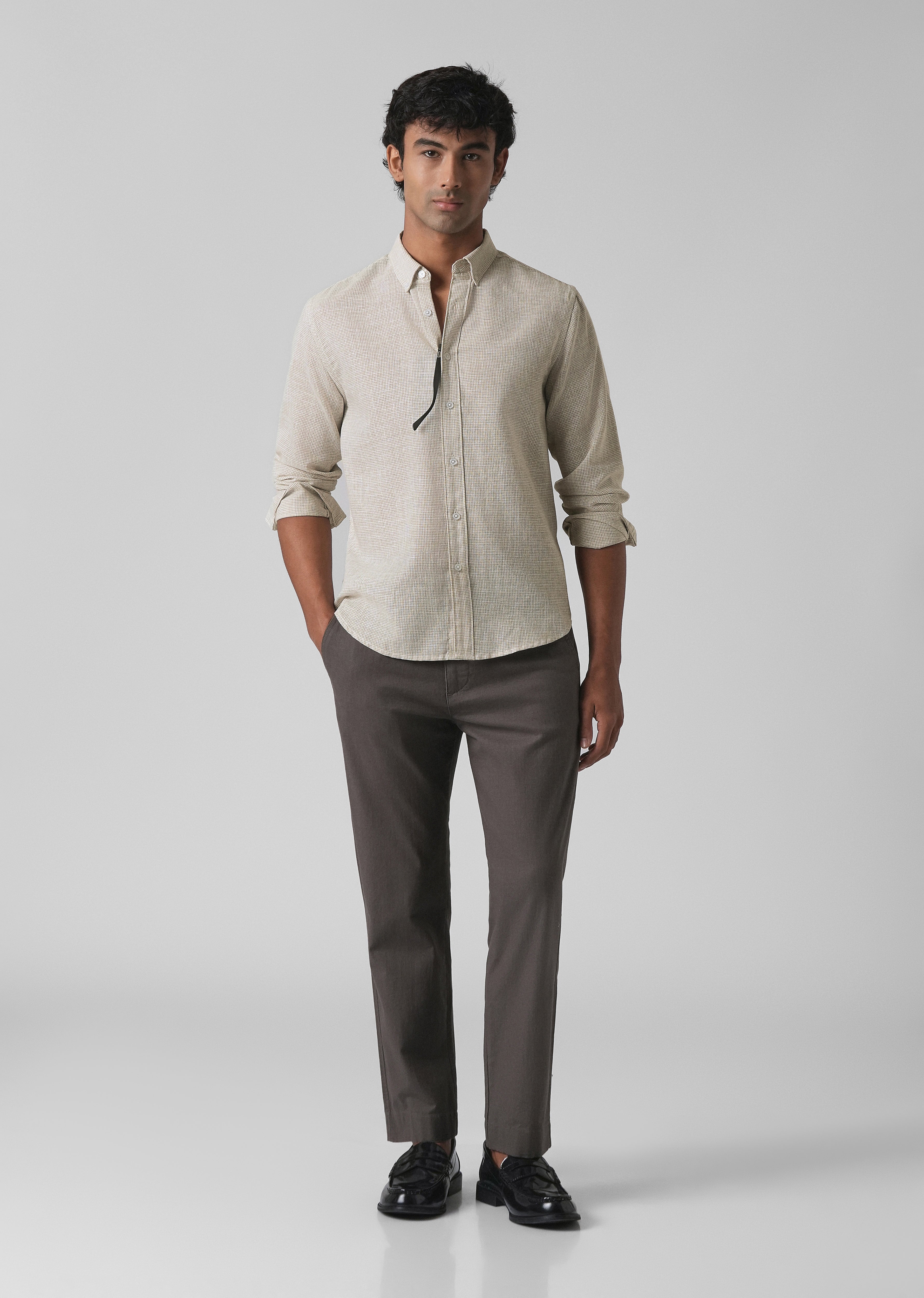 Beige Micro Checks Blended Cotton Shirt