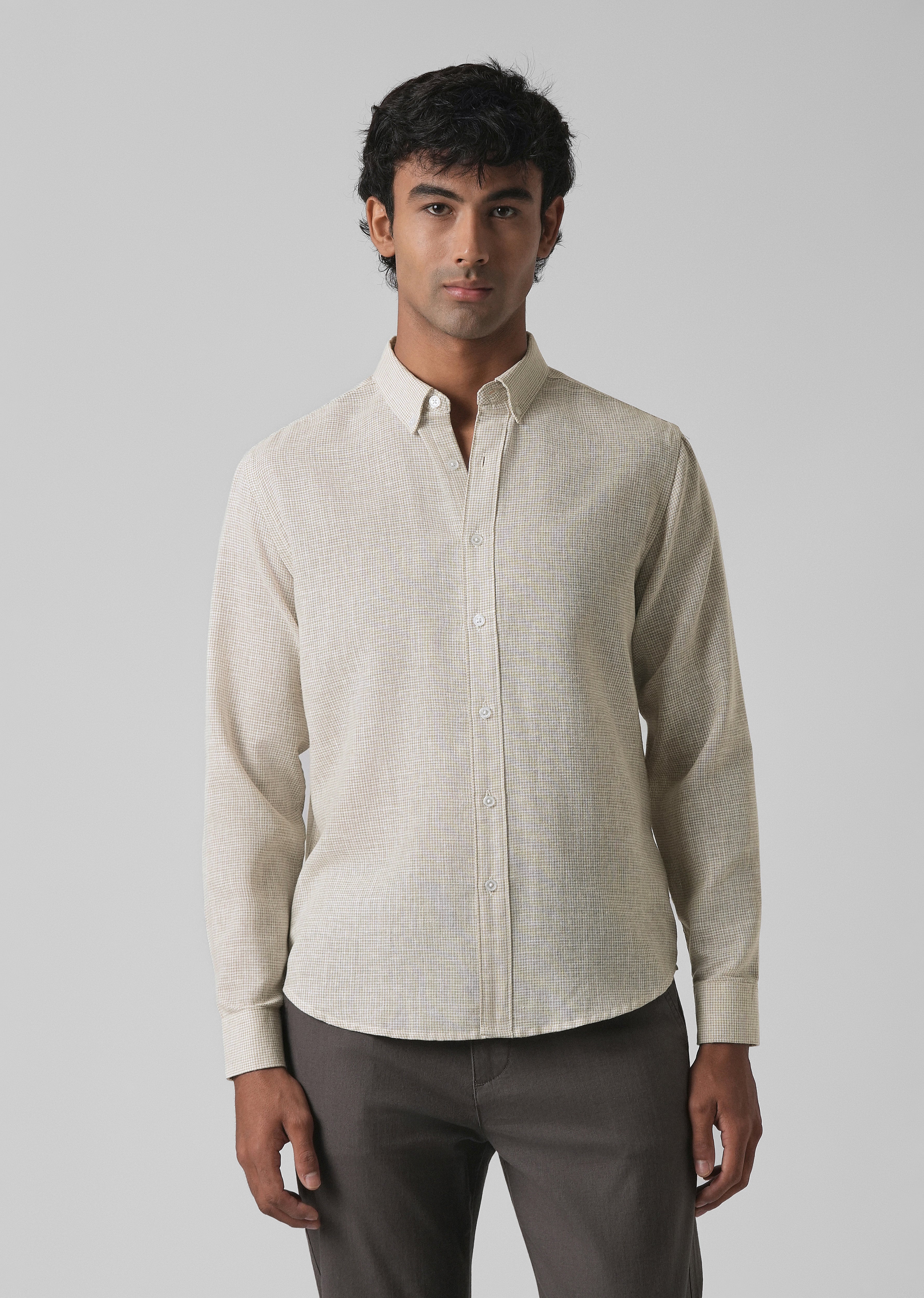 Beige Micro Checks Blended Cotton Shirt