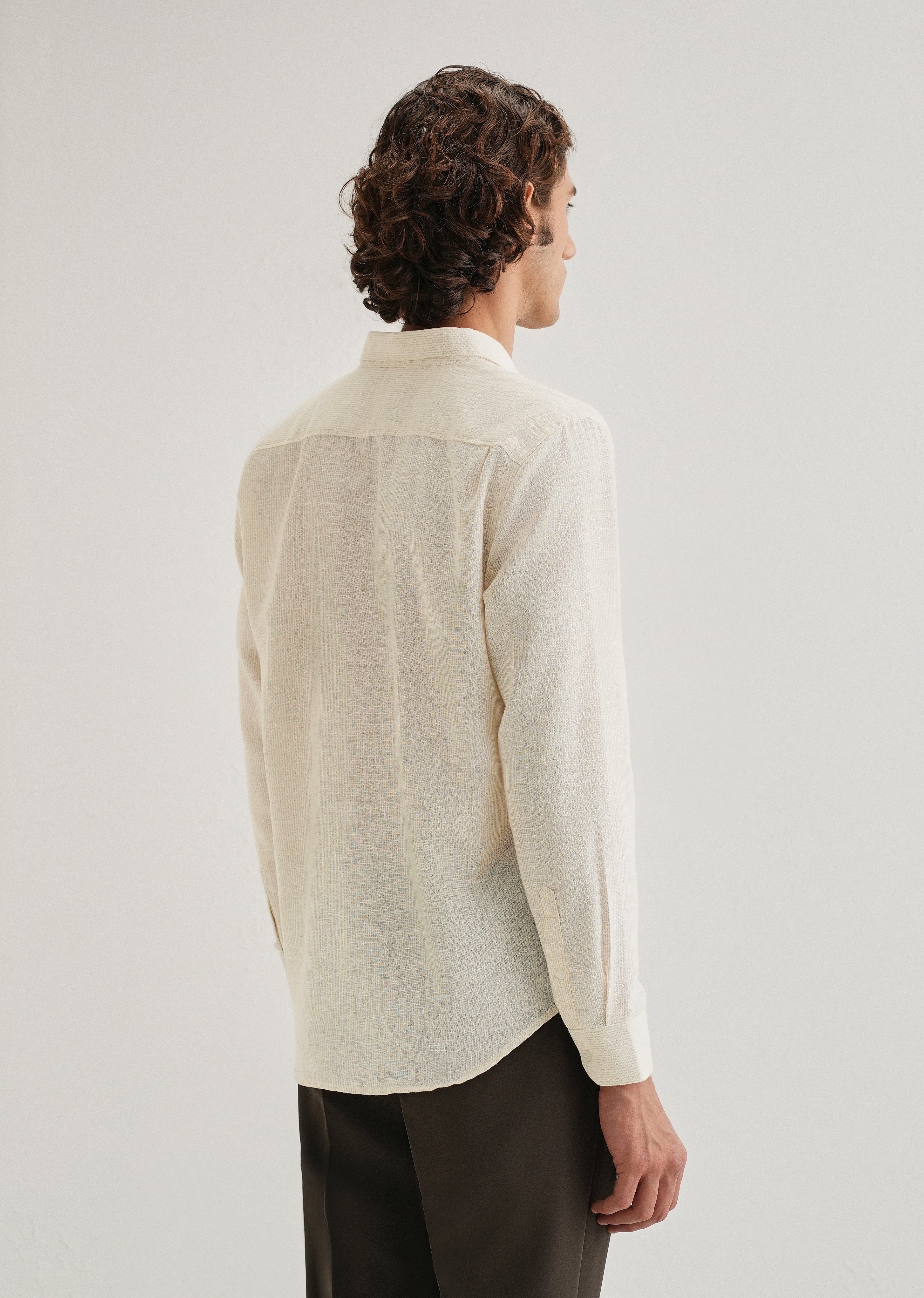 Beige Micro Striped Blended Linen Shirt