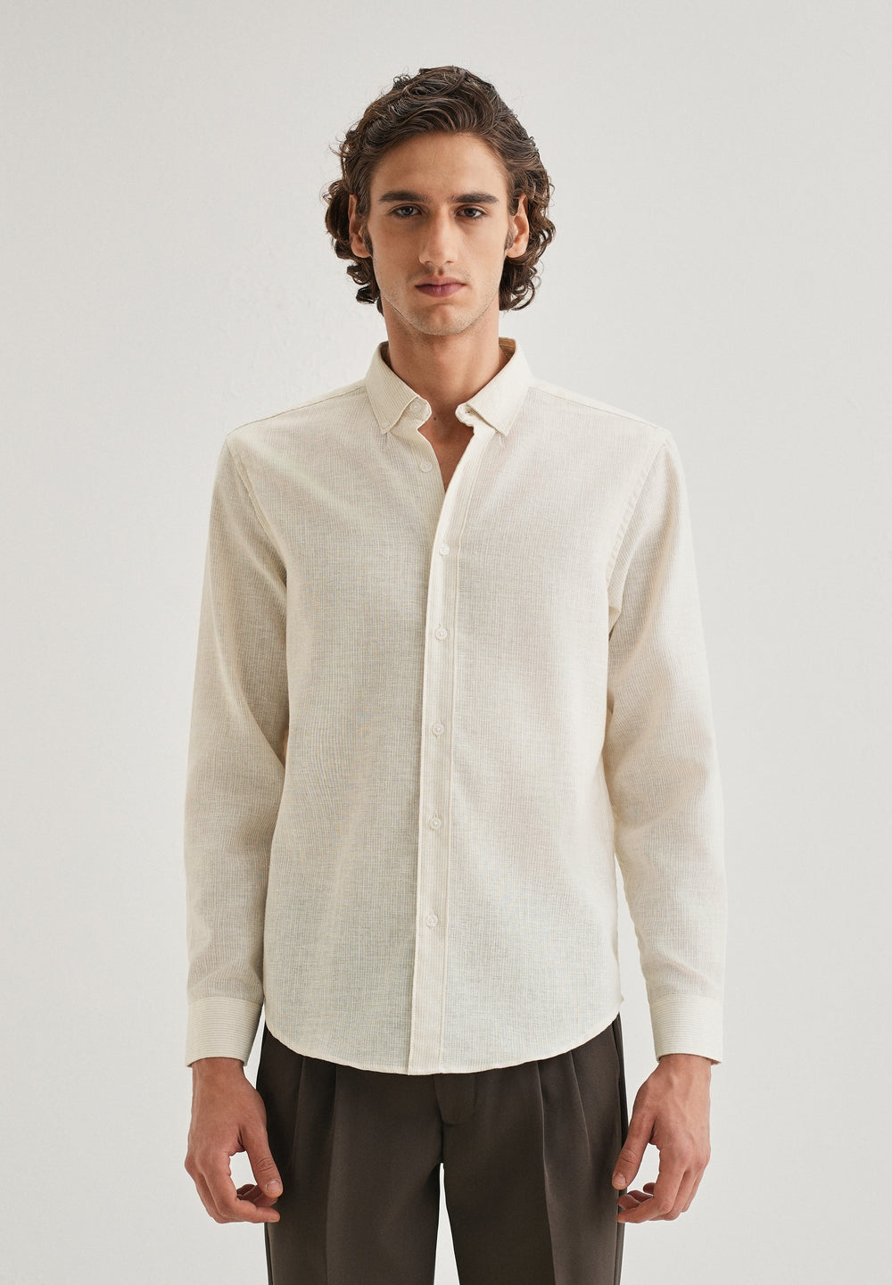 Beige Micro Striped Blended Linen Shirt