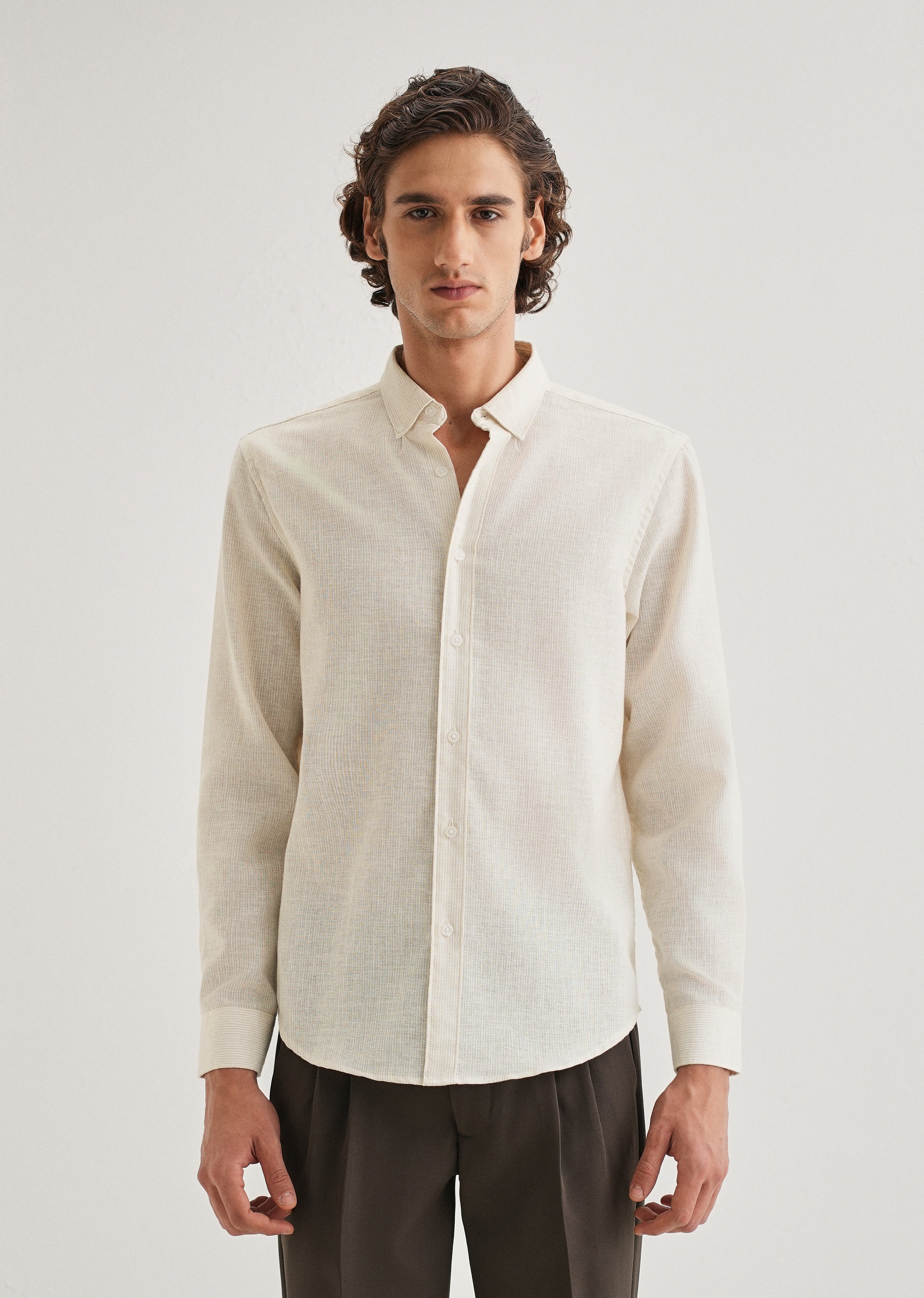 Beige Micro Striped Blended Linen Shirt