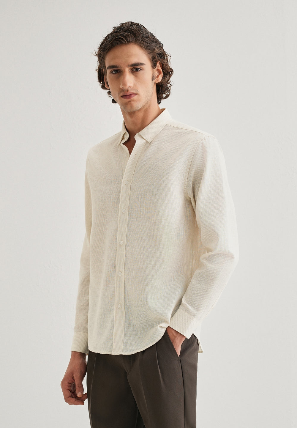Beige Micro Striped Blended Linen Shirt