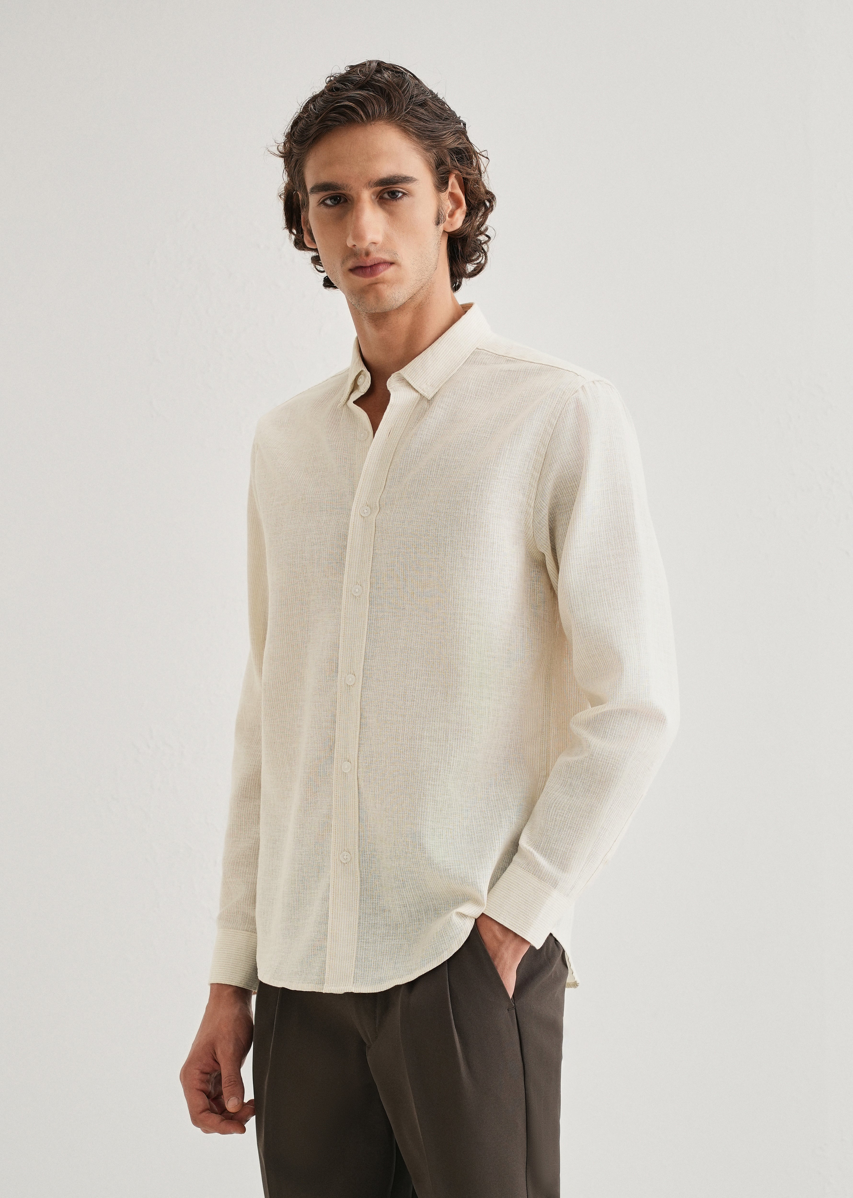 Beige Micro Striped Blended Linen Shirt