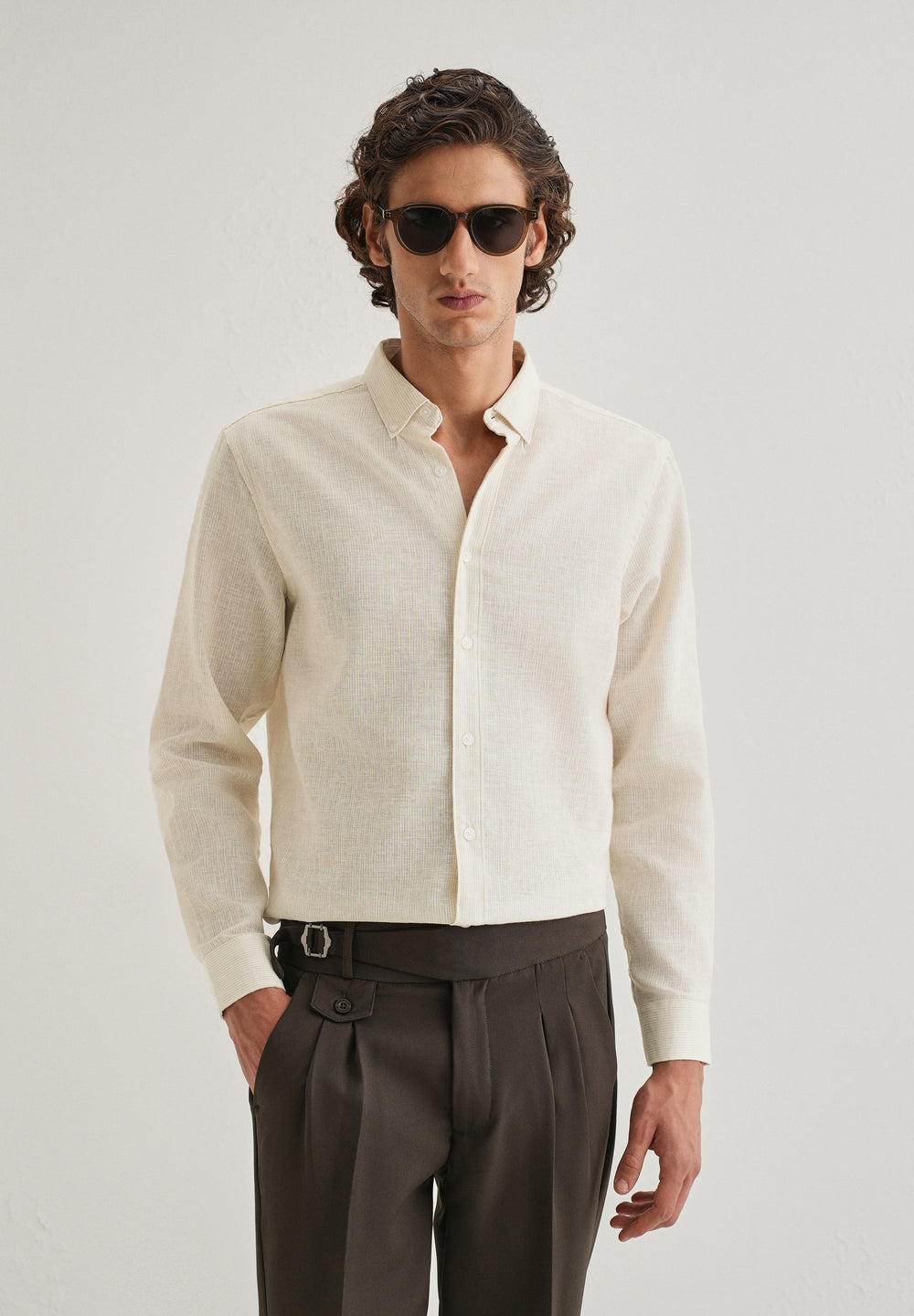 Beige Micro Striped Blended Linen Shirt