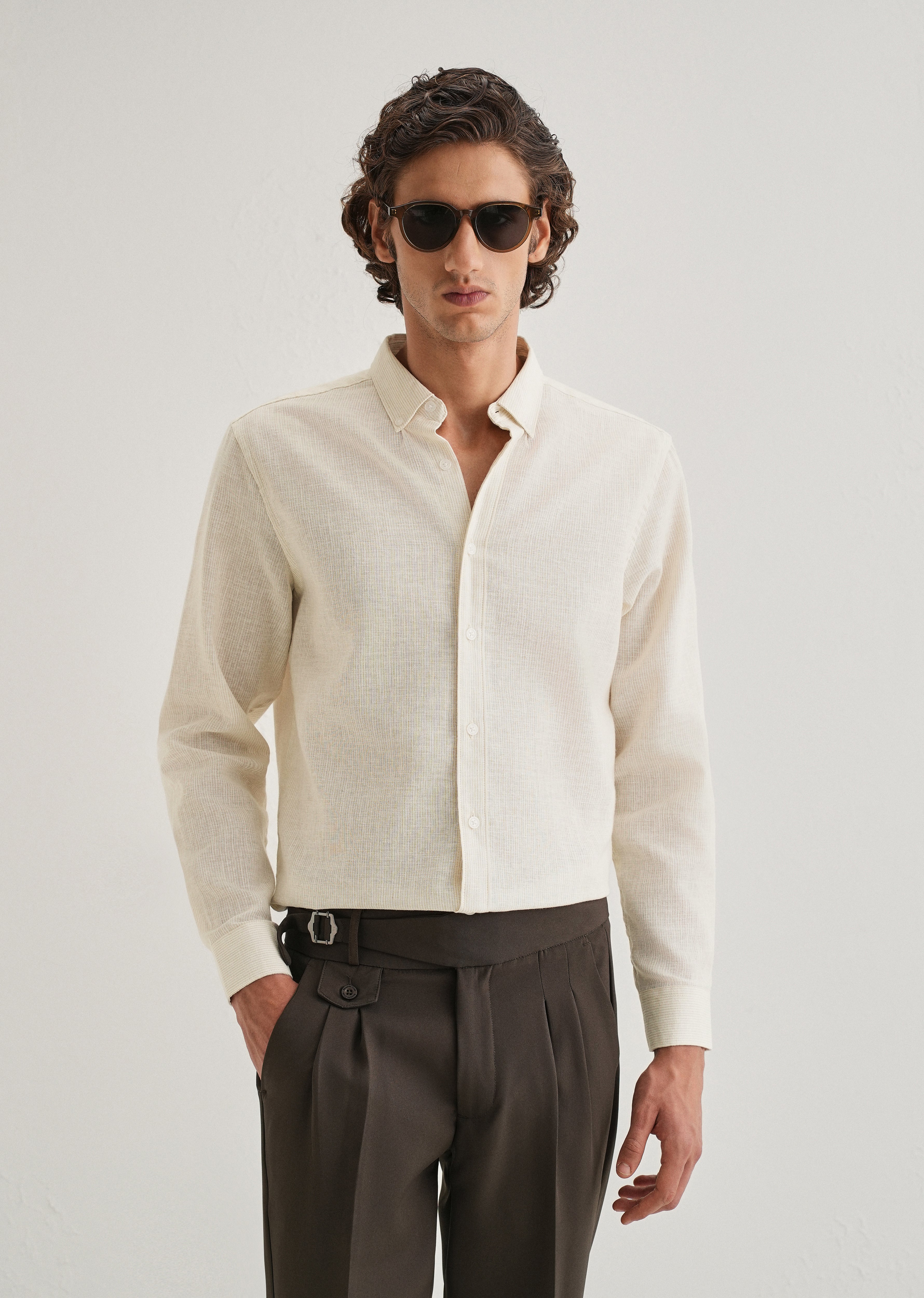 Beige Micro Striped Blended Linen Shirt