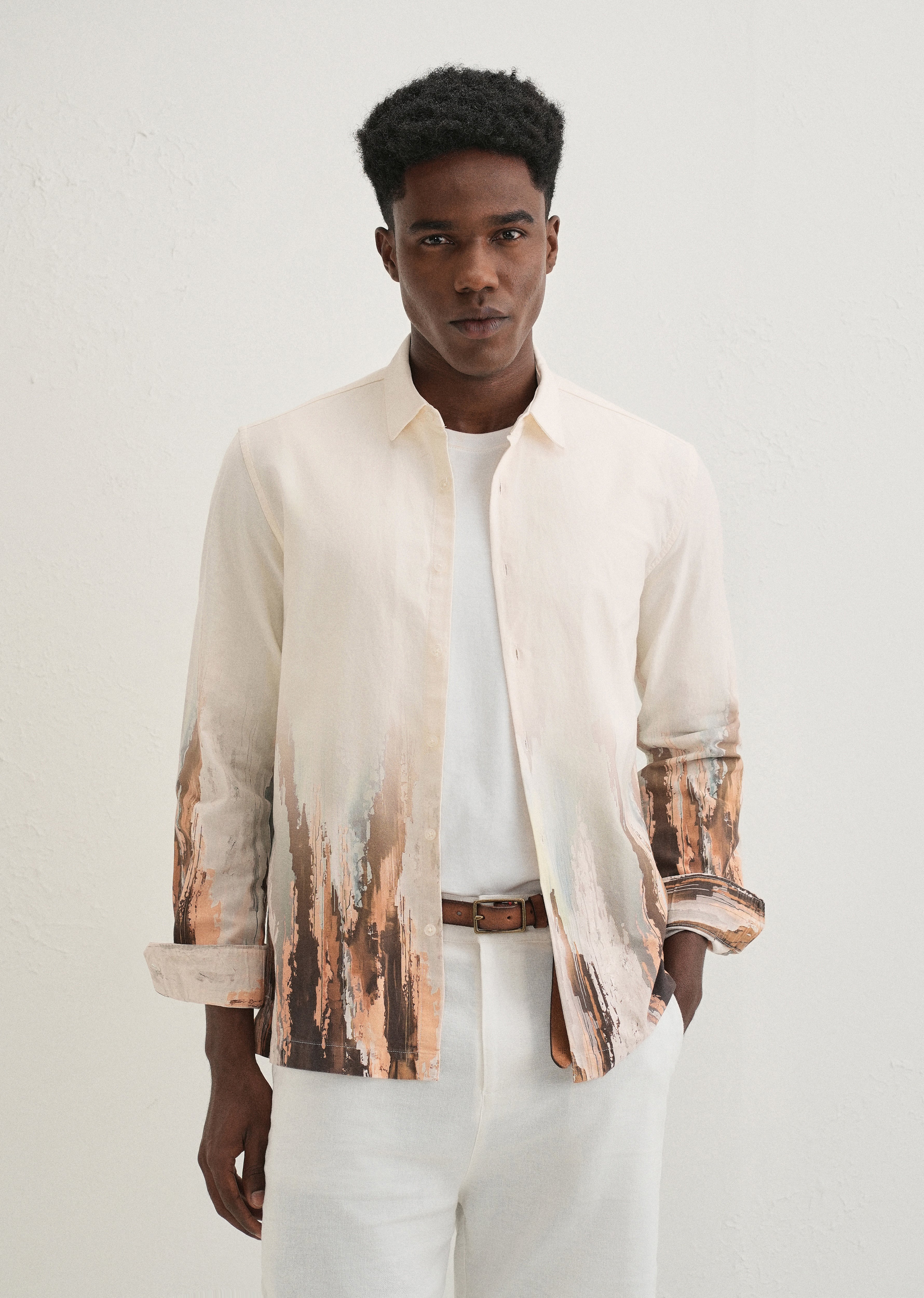 Beige Ochre Linear Printed Shirt