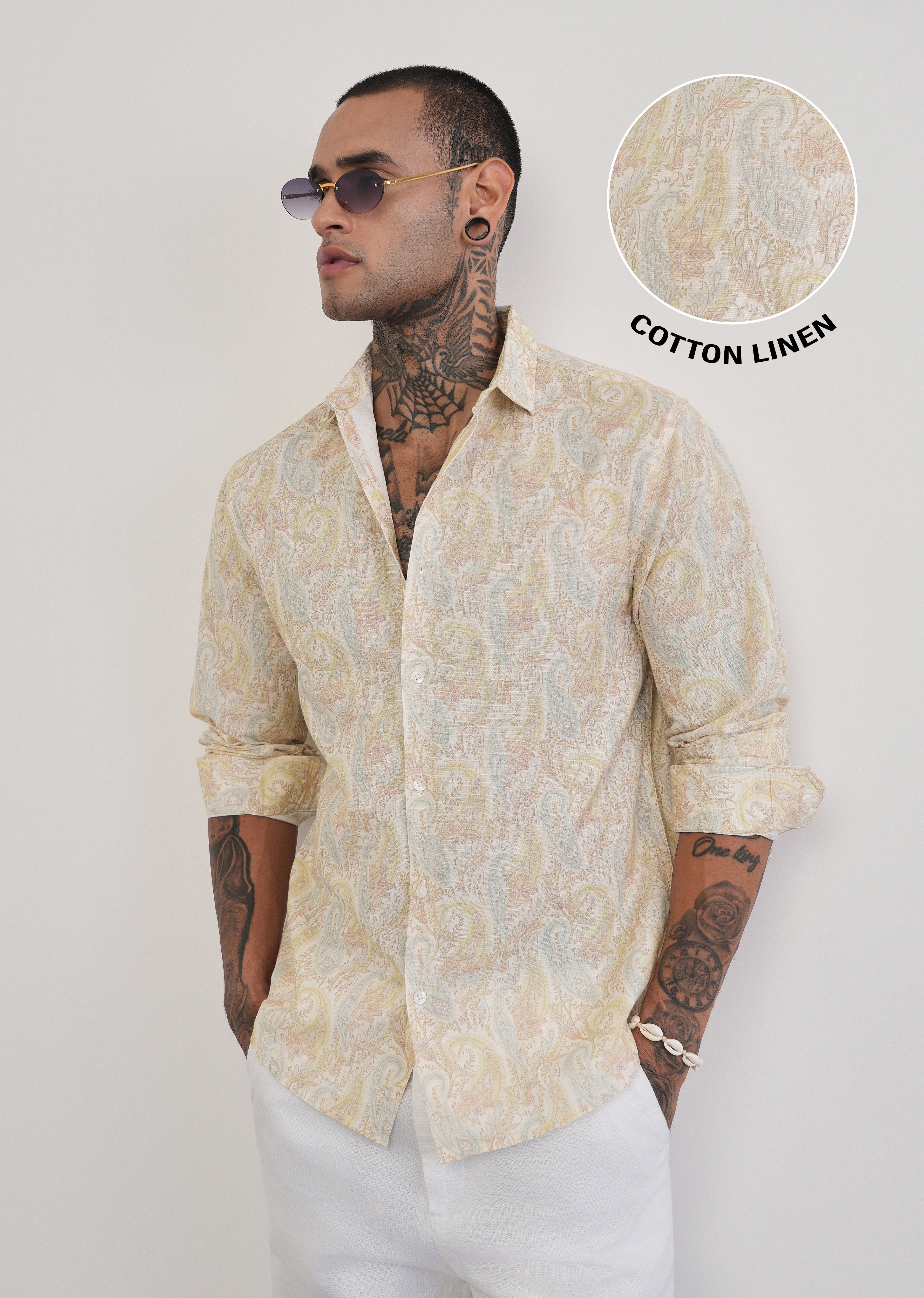 Beige Paisley Print Cotton Linen Shirt
