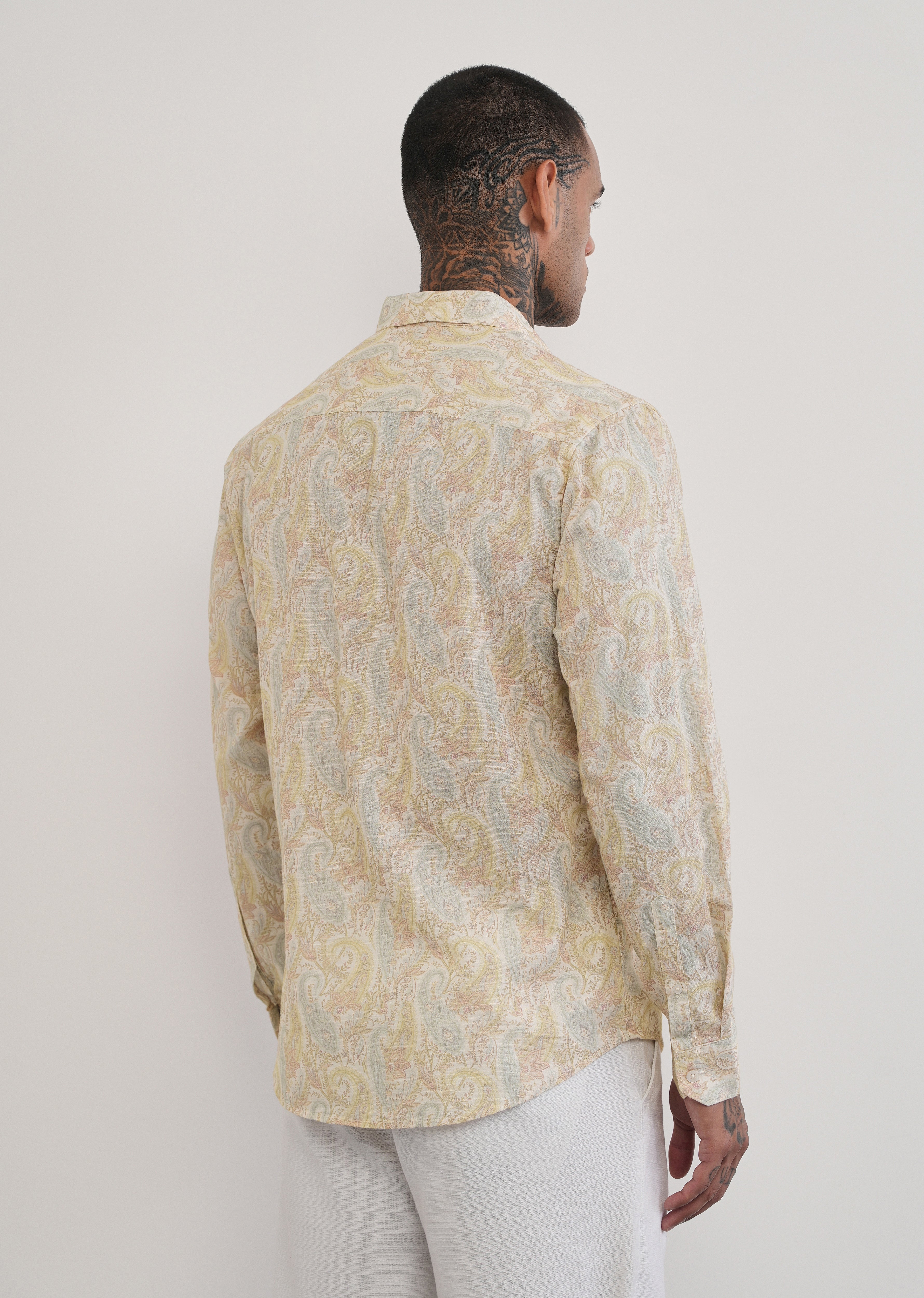 Beige Paisley Print Cotton Linen Shirt