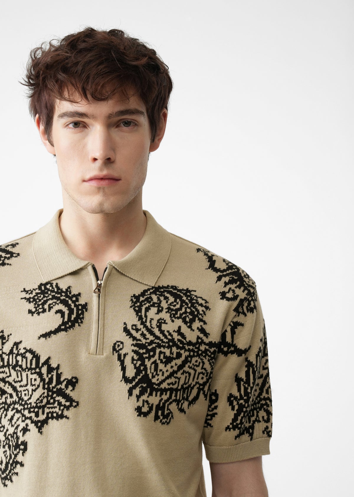 Beige Paisley Quarter Zipper Polo