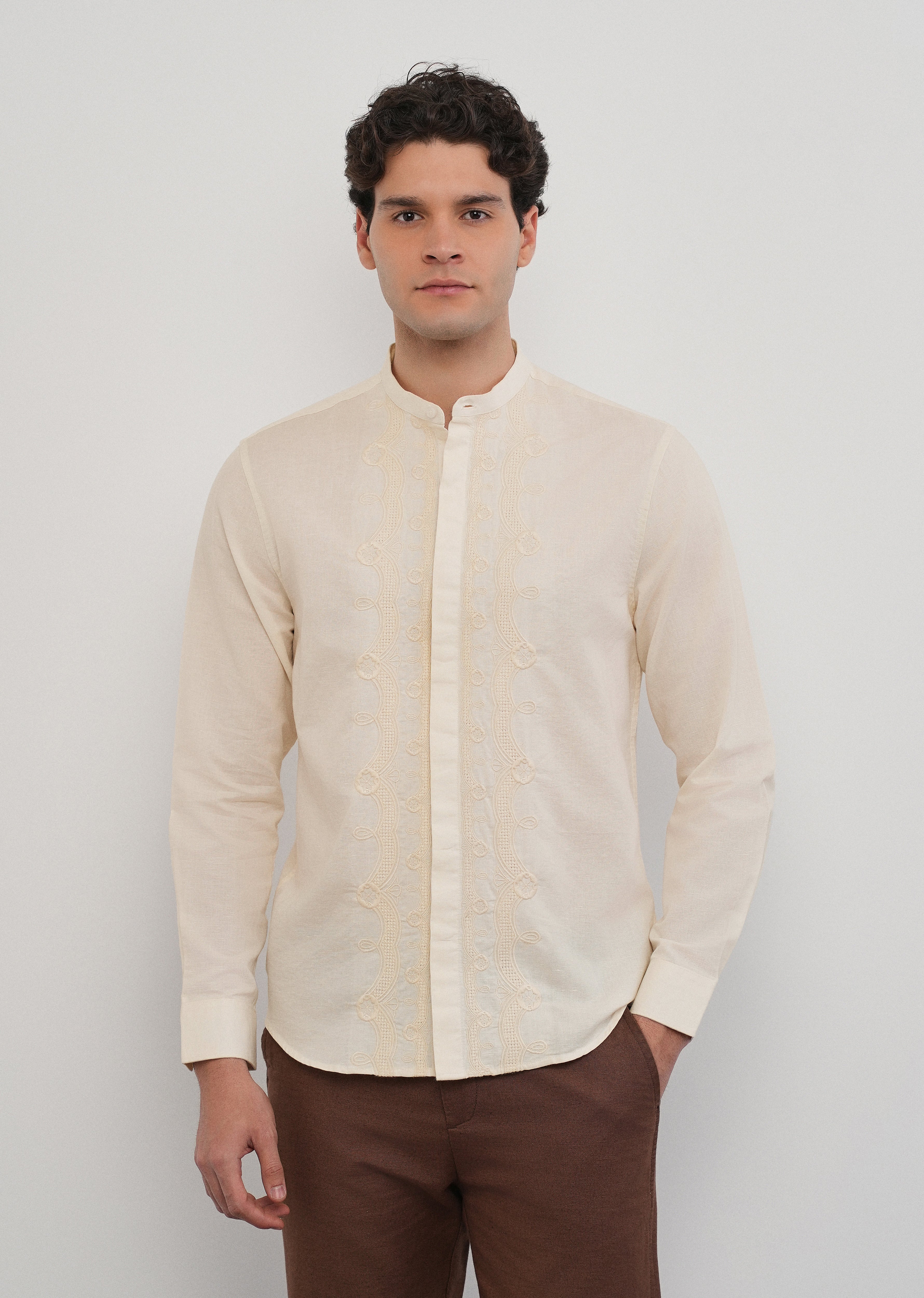 Beige Panel Embroidery Shirt