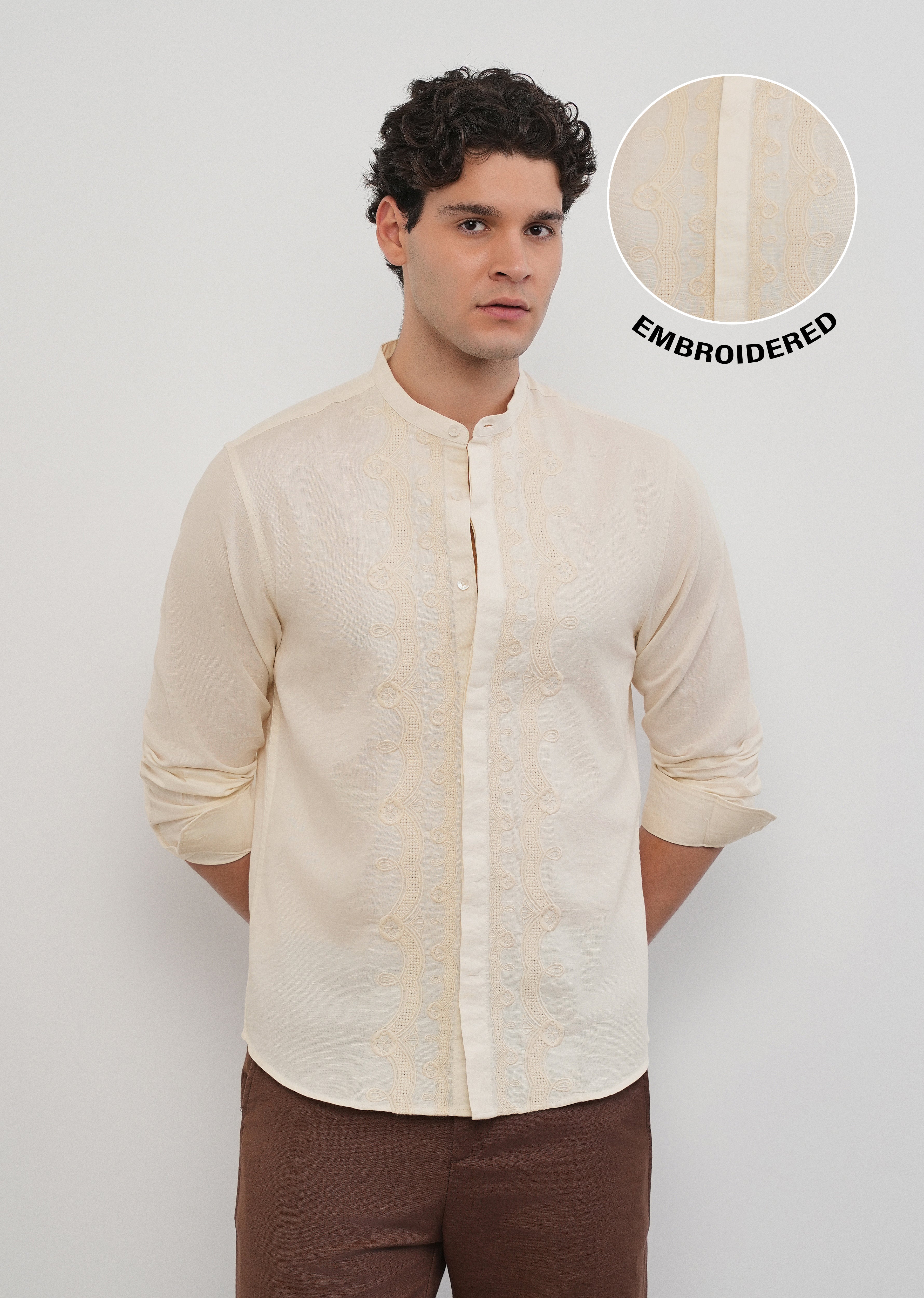 Beige Panel Embroidery Shirt