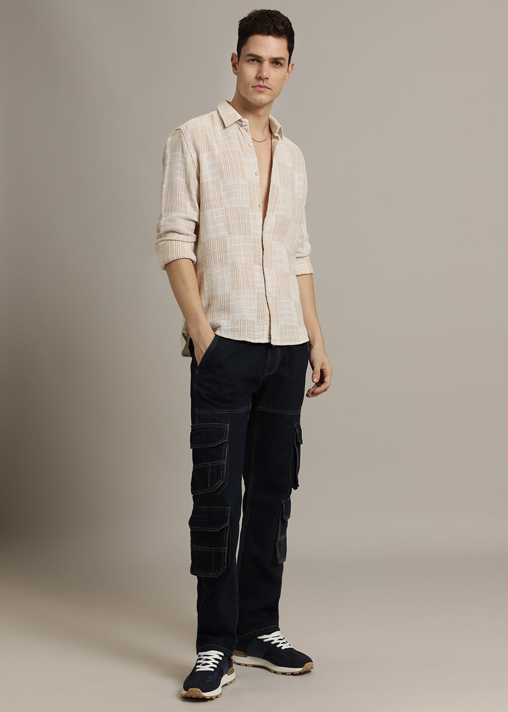 Beige Pin Check Textured Shirt