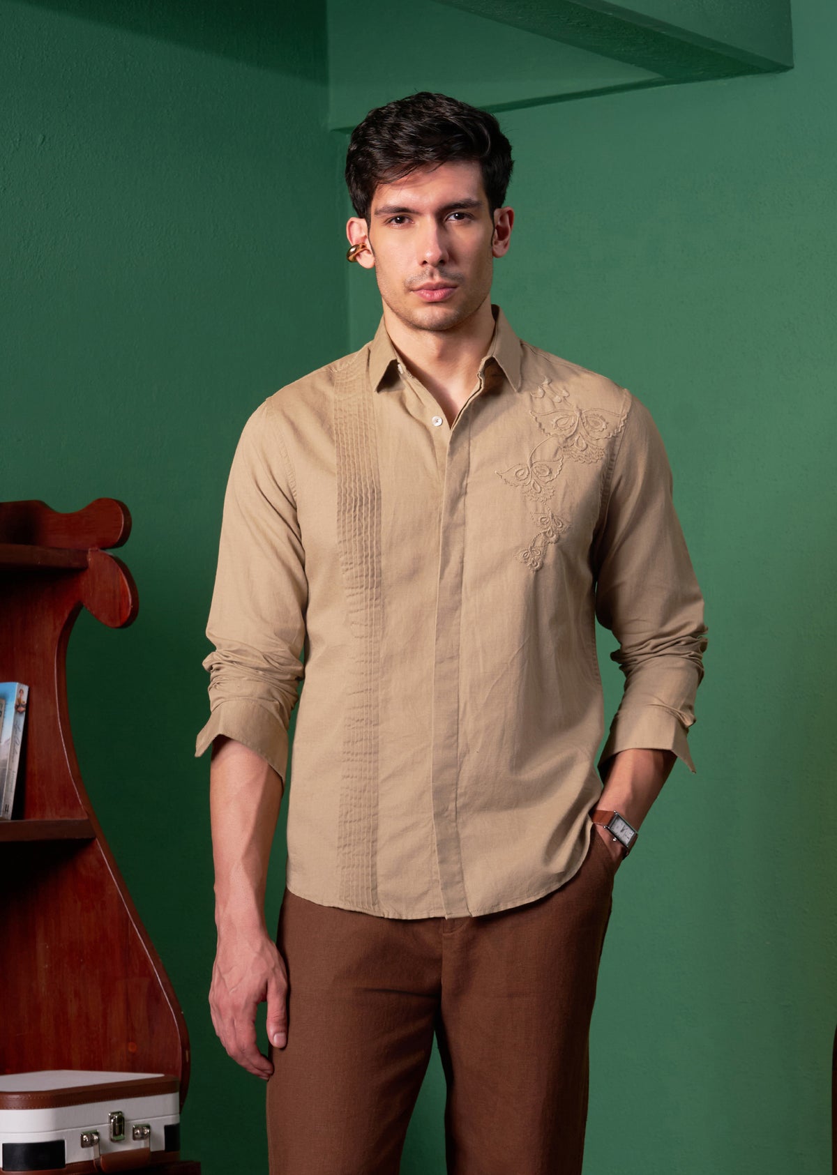 Beige Pintuck Embroidery Linen Shirt