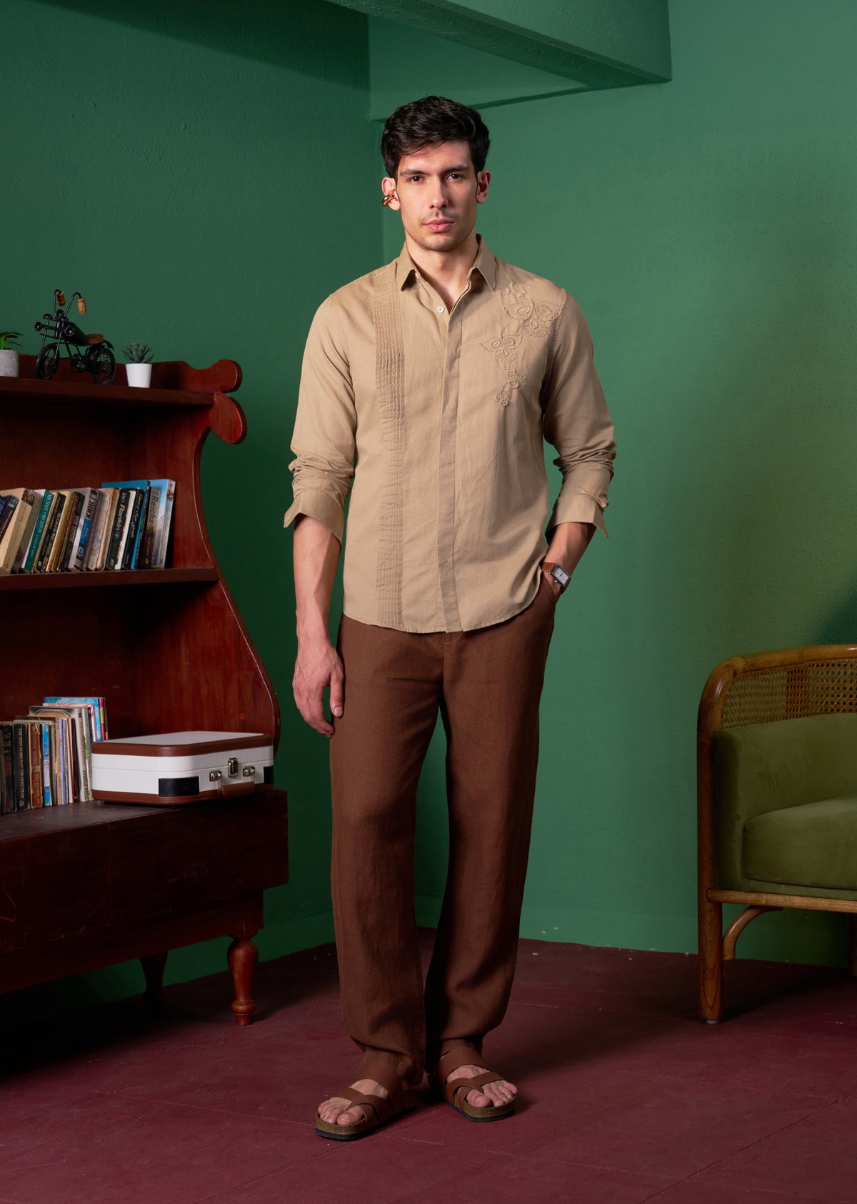 Beige Pintuck Embroidery Linen Shirt