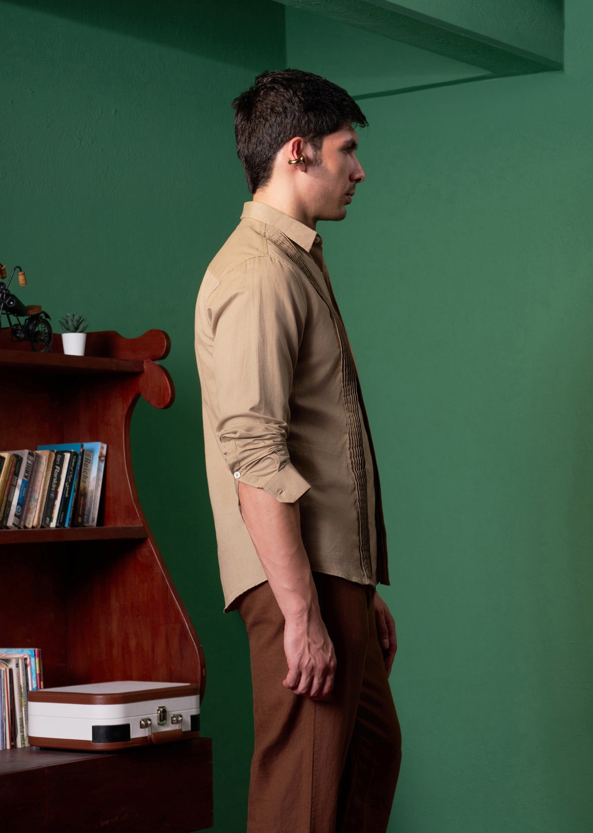 Beige Pintuck Embroidery Linen Shirt