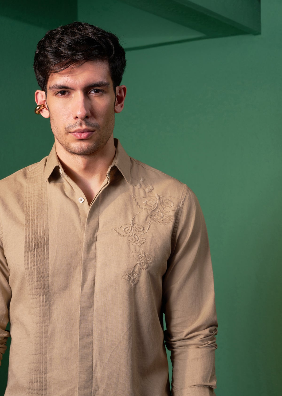 Beige Pintuck Embroidery Linen Shirt