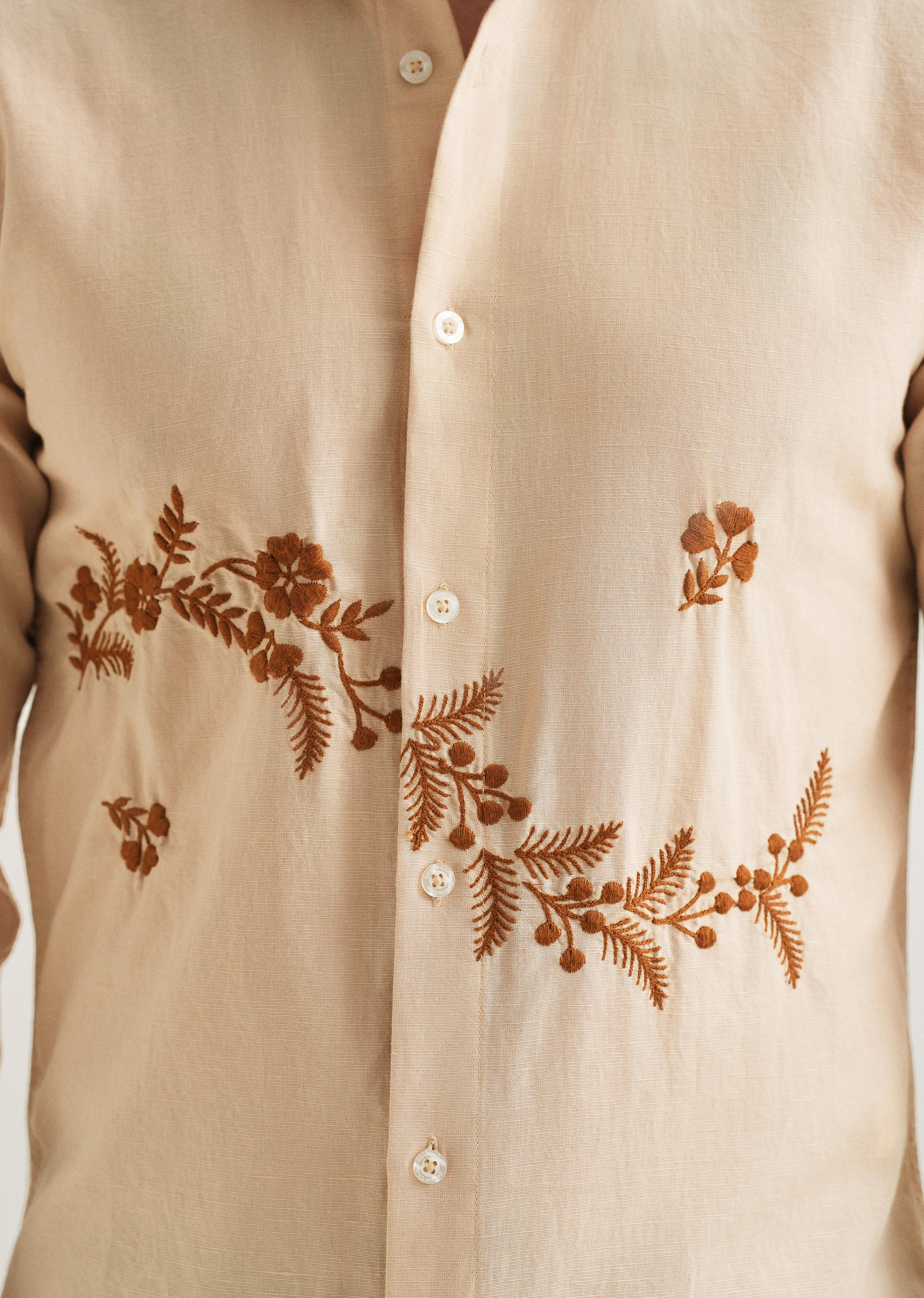 Beige Placement Embroidery Shirt