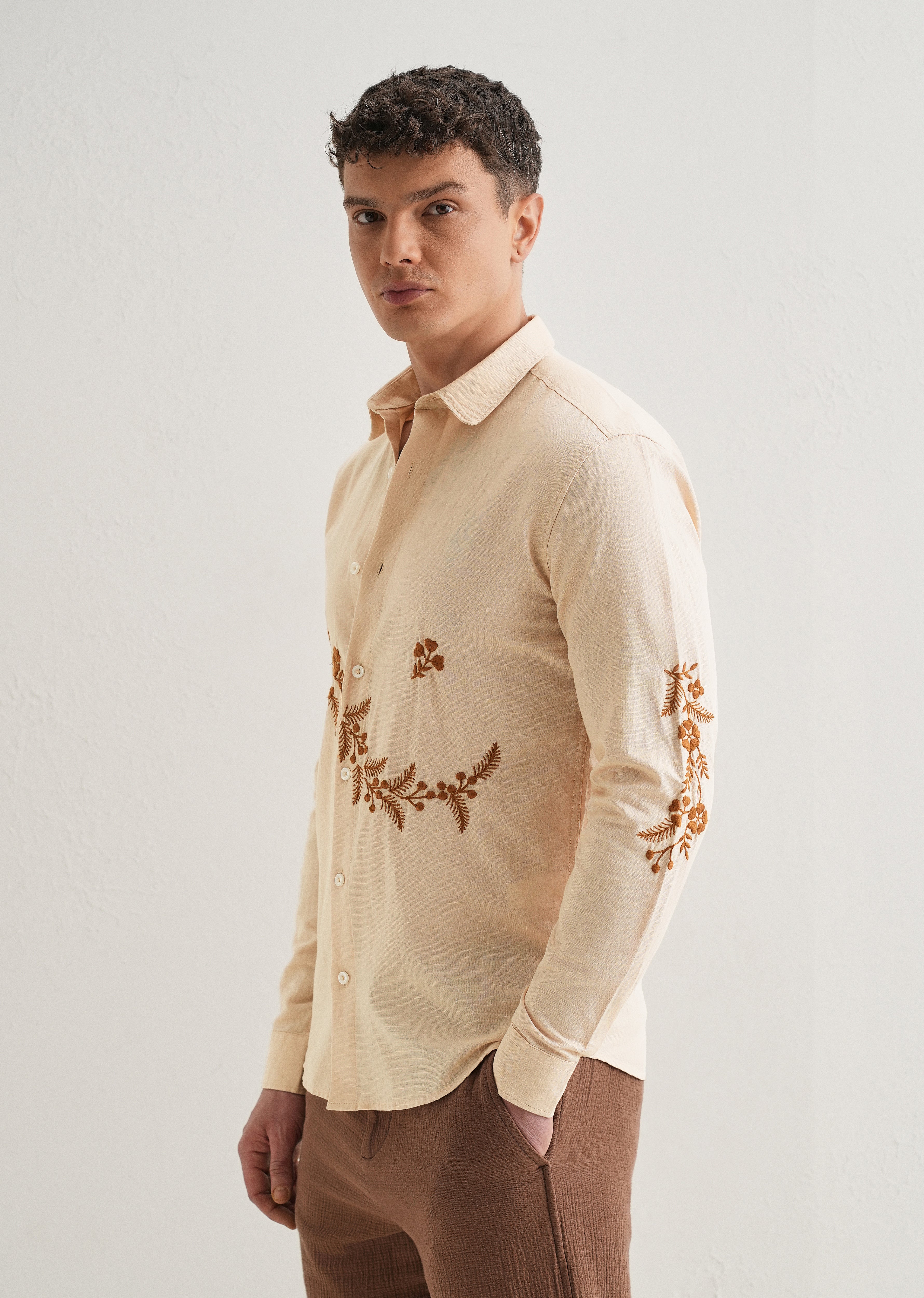Beige Placement Embroidery Shirt