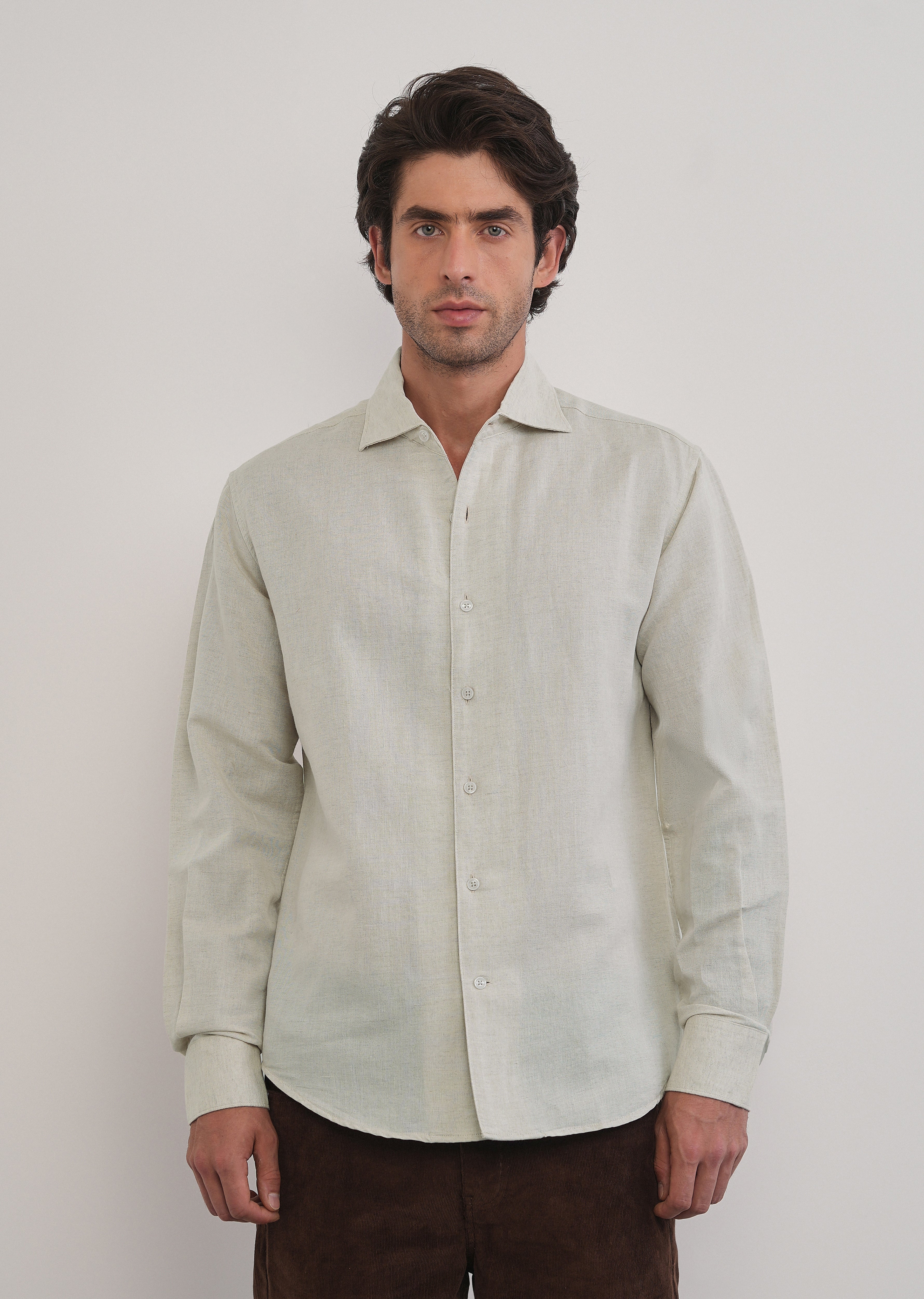 Beige Plain Cotton Linen Shirt