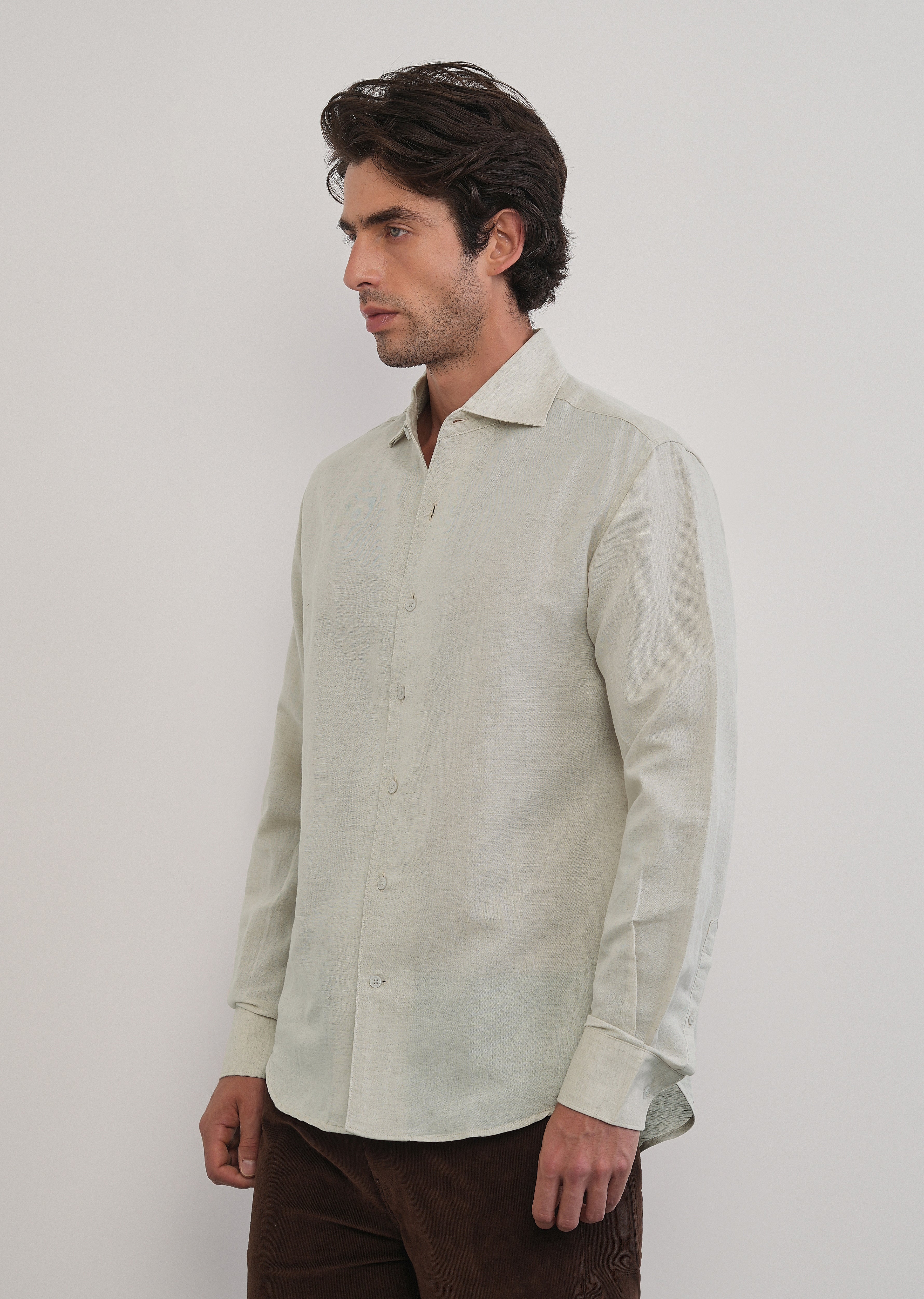 Beige Plain Cotton Linen Shirt