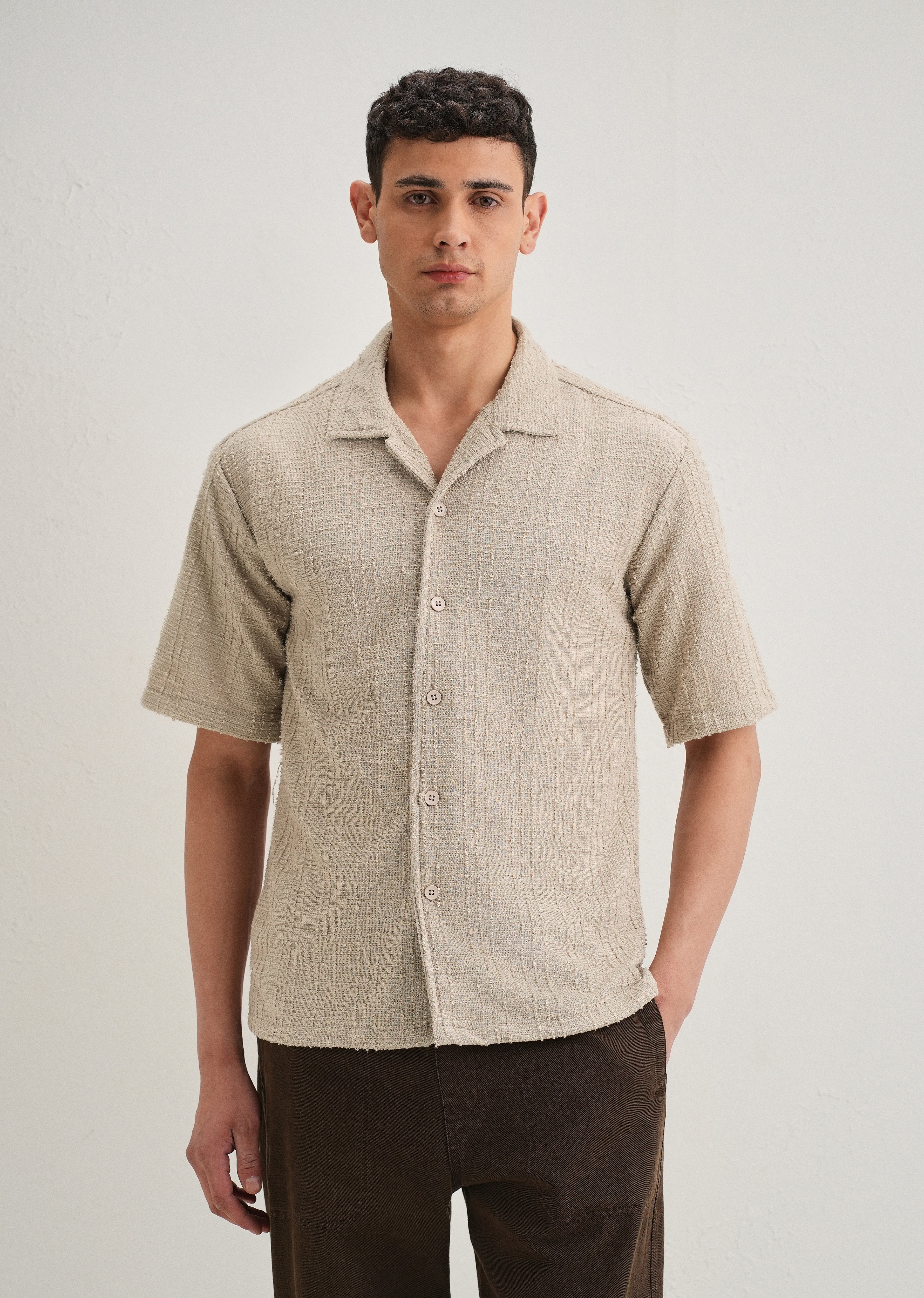 Beige Plain Cuban Collar Knitted Shirt